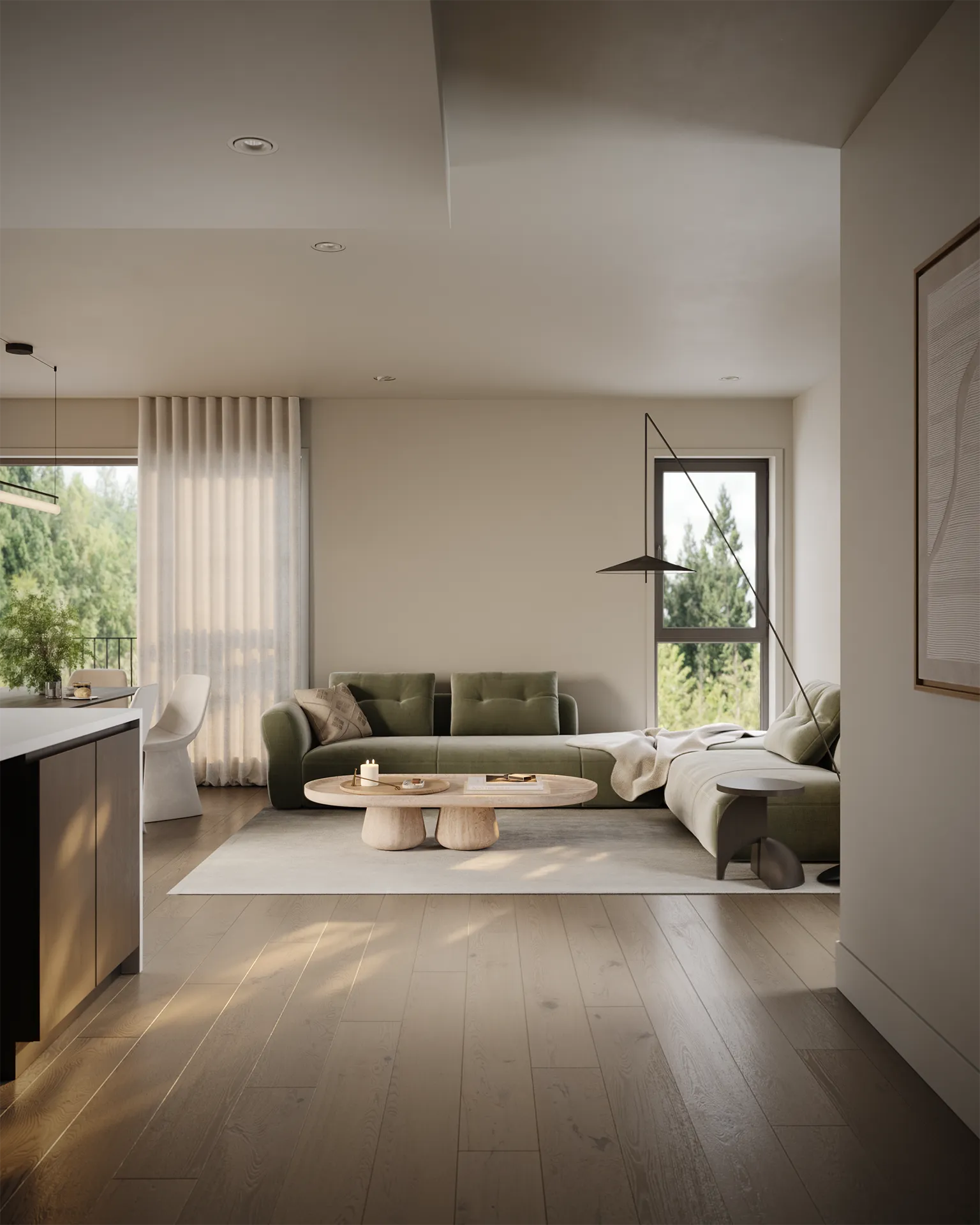 Willa – Open living room rendering with an olive-green sectional sofa, round coffee table, and forest-view windows.