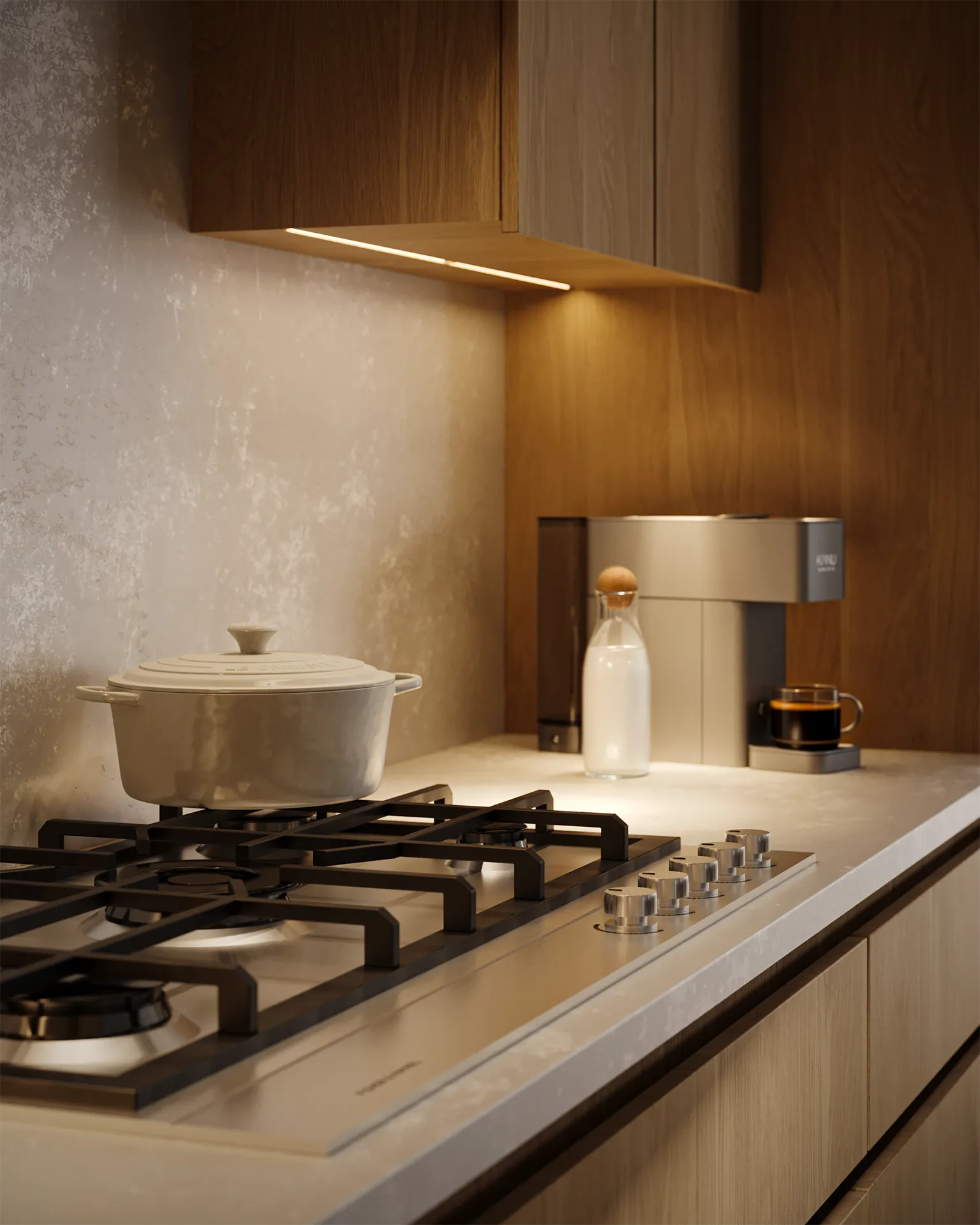 Willa – Close-up rendering of a gas cooktop with a dutch oven and coffee machine on the counter.