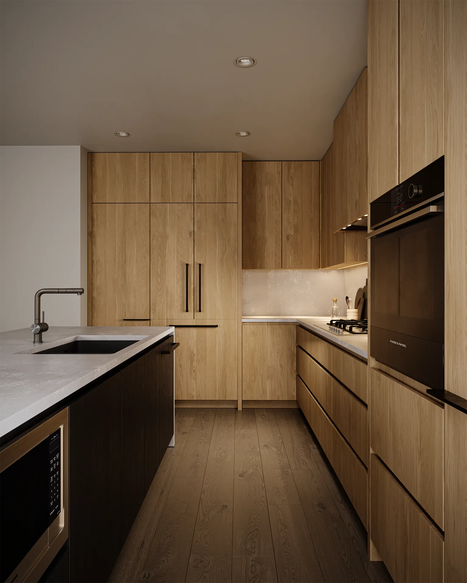 Willa – Galley-style kitchen rendering with full wood cabinetry, a Fisher & Paykel wall oven, and a dark island.