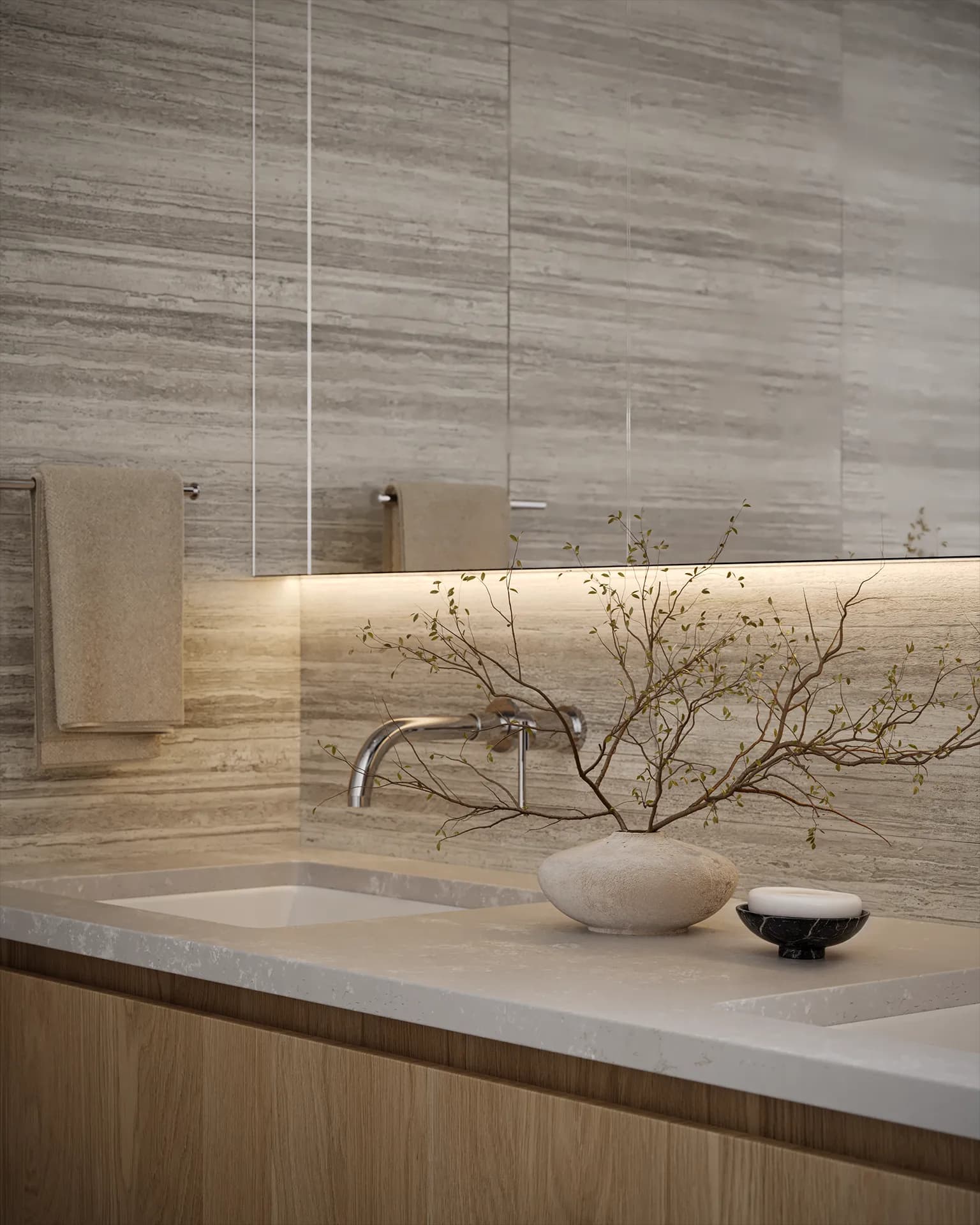 Willa – Bathroom vanity rendering with wood cabinetry, stone countertop, and a wall-mounted faucet.