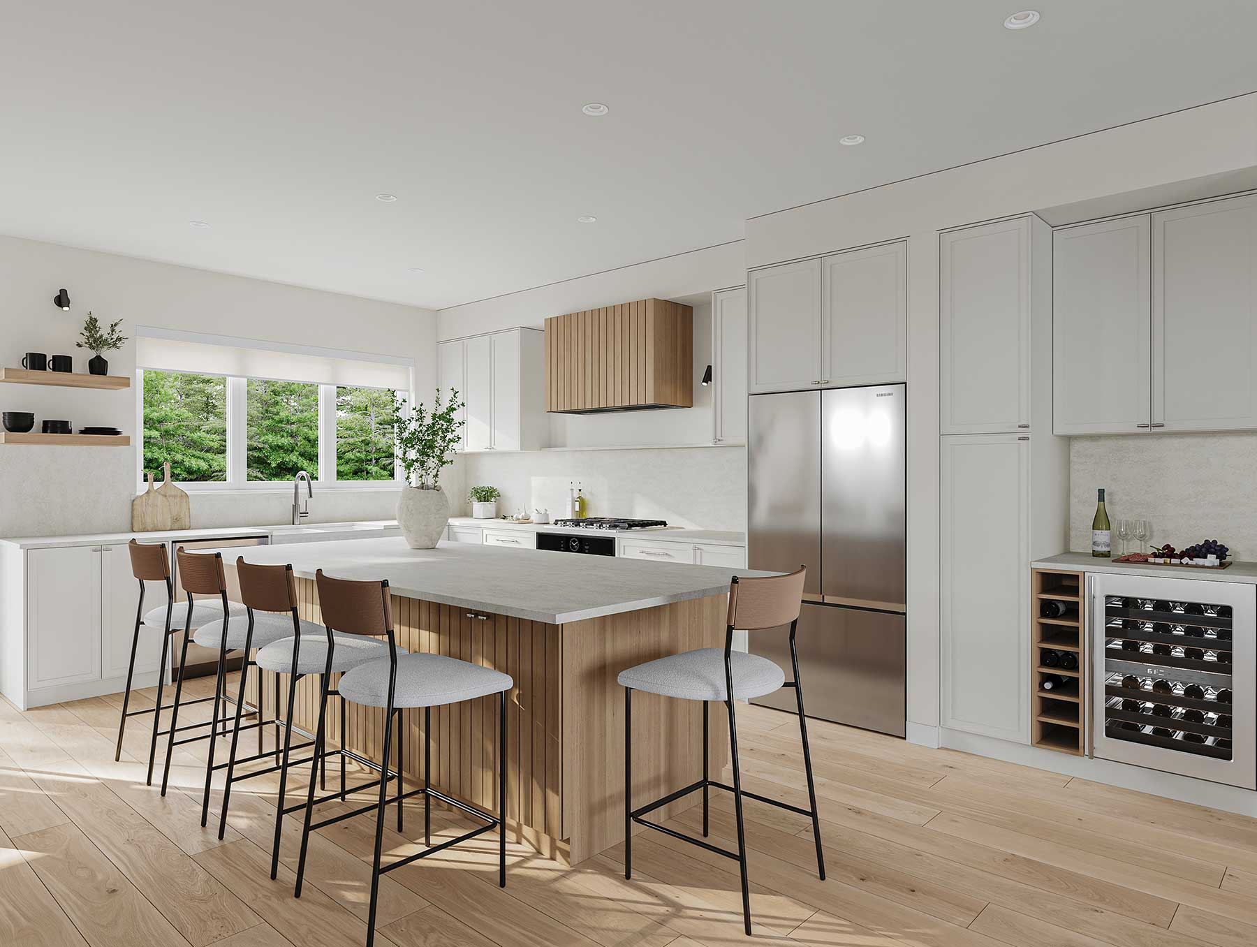 Trailside Milner – Kitchen with light gray cabinetry, a wood-slat island with bar stools, stainless fridge, gas cooktop and a built-in wine fridge with a small bar area.