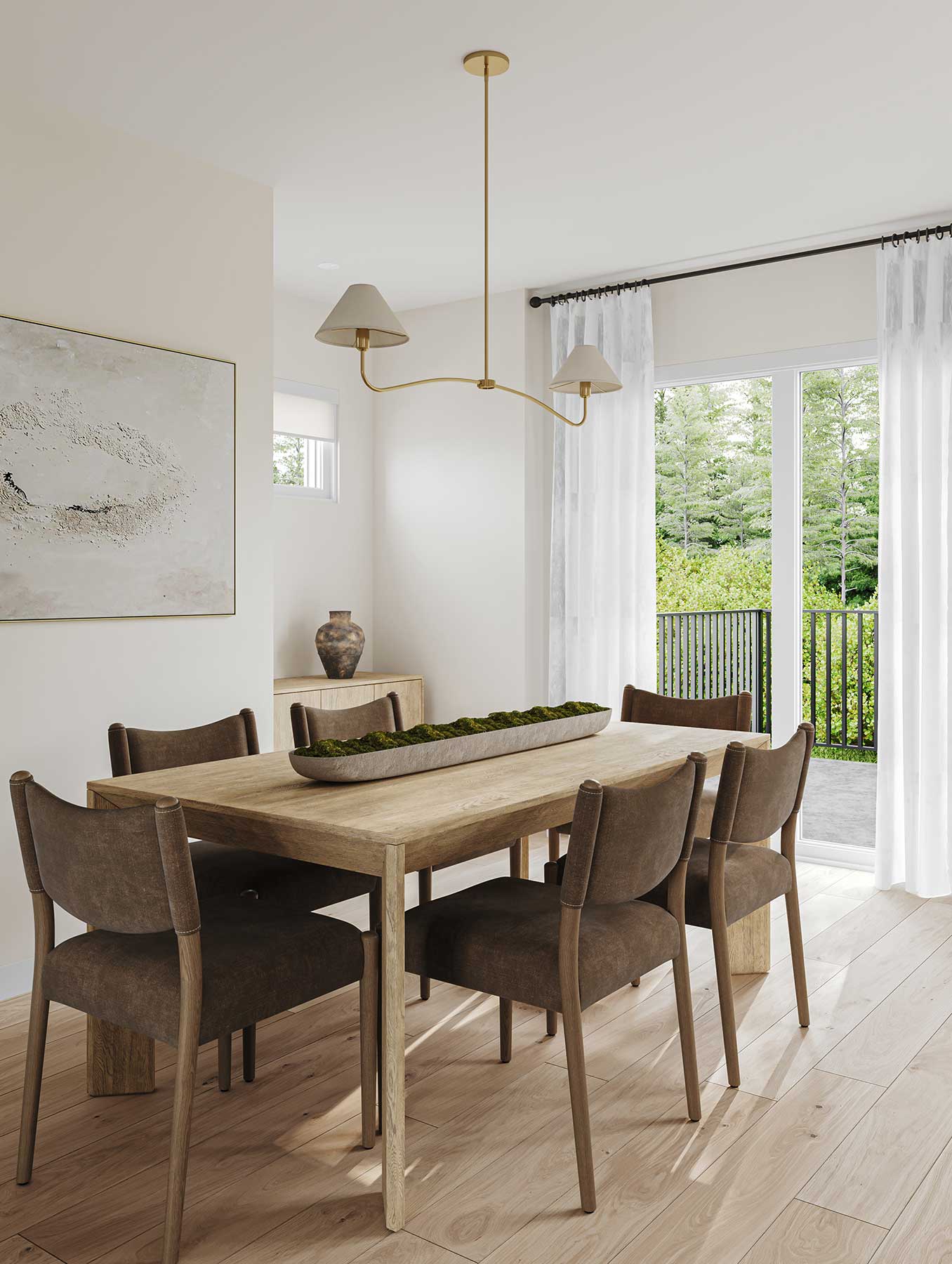Trailside Milner – Dining room with a wood table seating six upholstered chairs, a modern brass two-arm pendant light, and glass doors leading to a balcony.