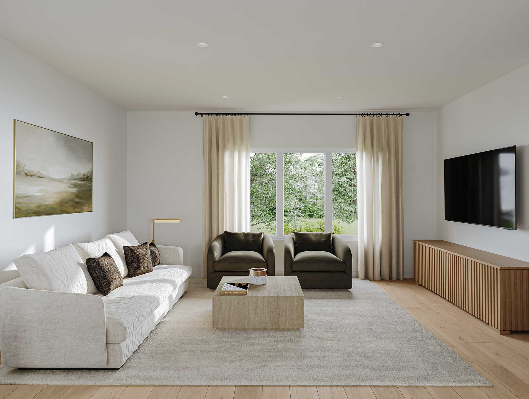 Trailside Milner – Living room with a white sectional sofa, two dark green accent chairs, a stone coffee table, wall-mounted TV and a wood media console, with a large window overlooking greenery.