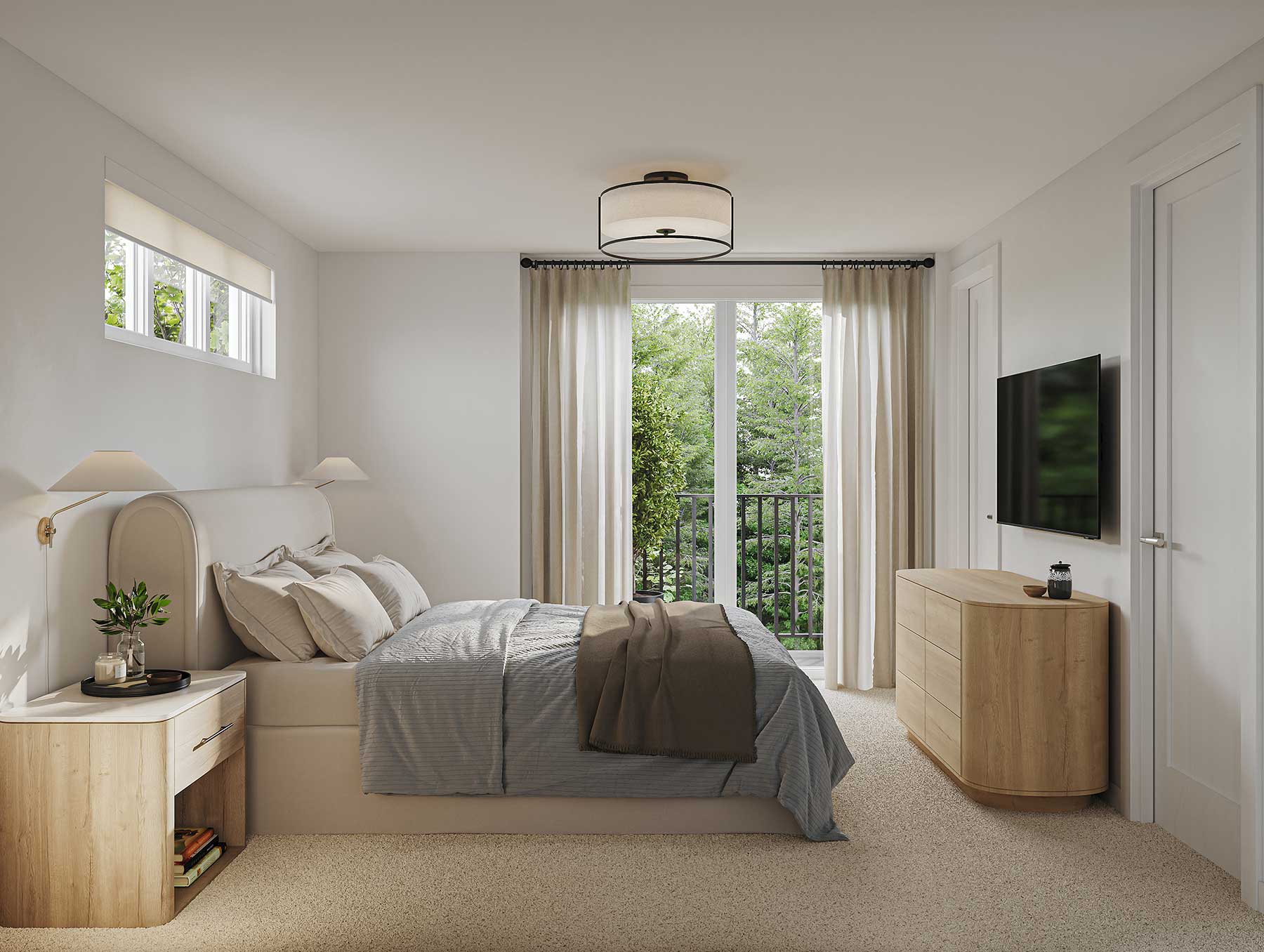 Trailside Milner – Bedroom with a beige upholstered bed, wood nightstands and dresser, wall-mounted TV, and a sliding glass door opening onto a balcony surrounded by trees.