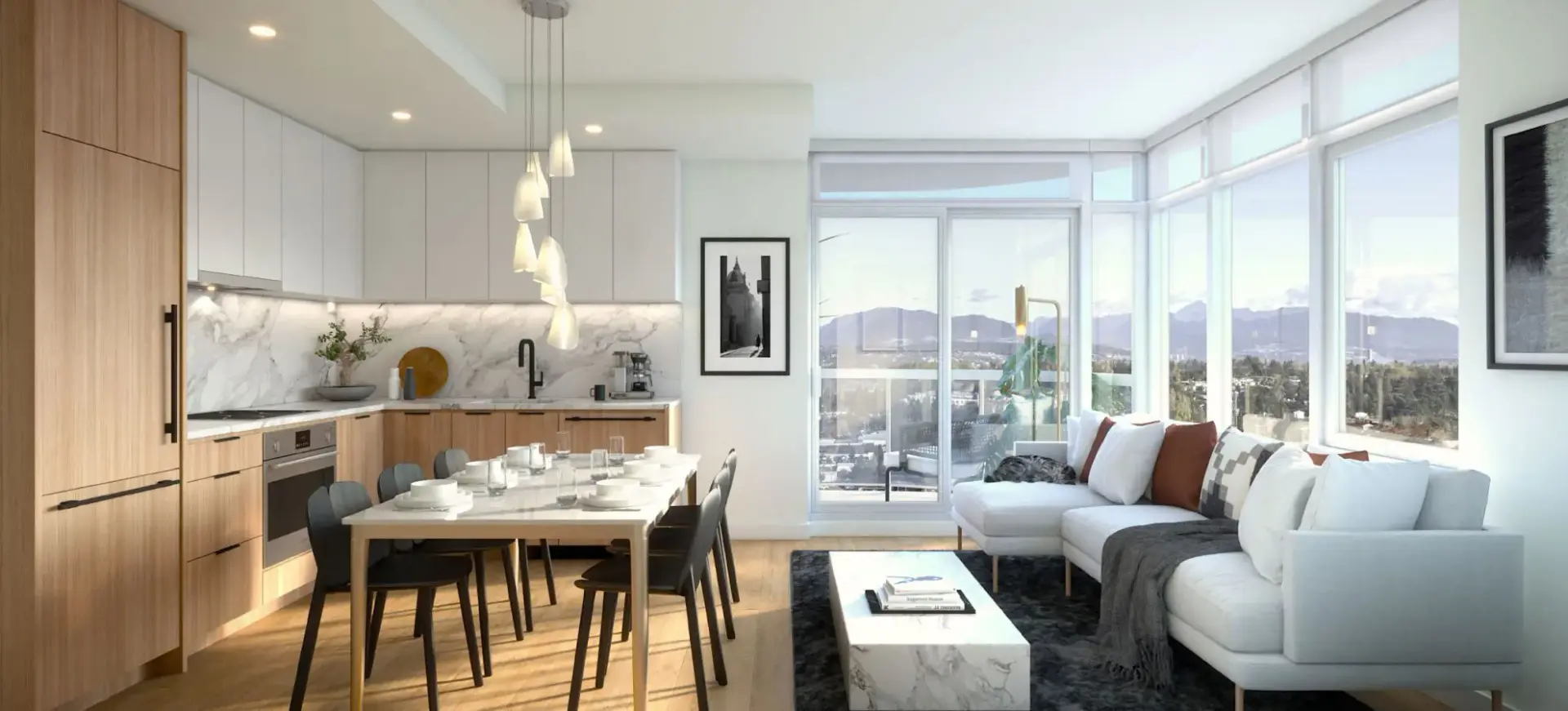 Georgetown One – A bright, open-concept condo interior featuring a modern kitchen with flat-panel wood and white cabinetry, marble-style backsplash, a set dining table, and an adjacent living room with a white sectional sofa. Floor-to-ceiling windows and sliding glass doors fill the space with natural light and offer expansive views of distant mountains and the city below.