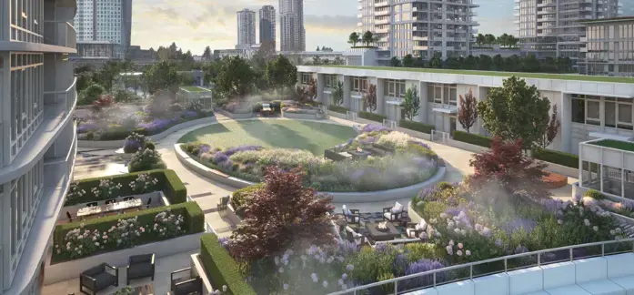 Georgetown One – An elevated outdoor podium terrace featuring a central oval lawn surrounded by lush landscaped gardens, fire pit seating areas, and dining nooks. Modern residential towers and a city skyline loom softly in the background under an overcast daytime sky.