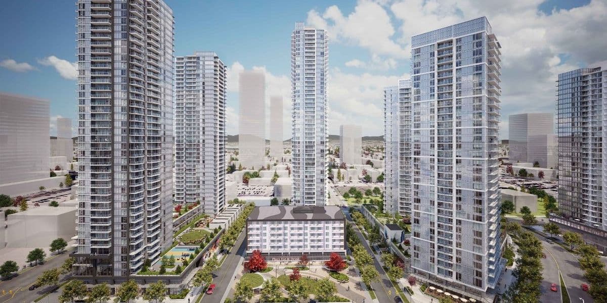 Georgetown One – Aerial masterplan-style rendering of several towers and a low retail building within the surrounding district.