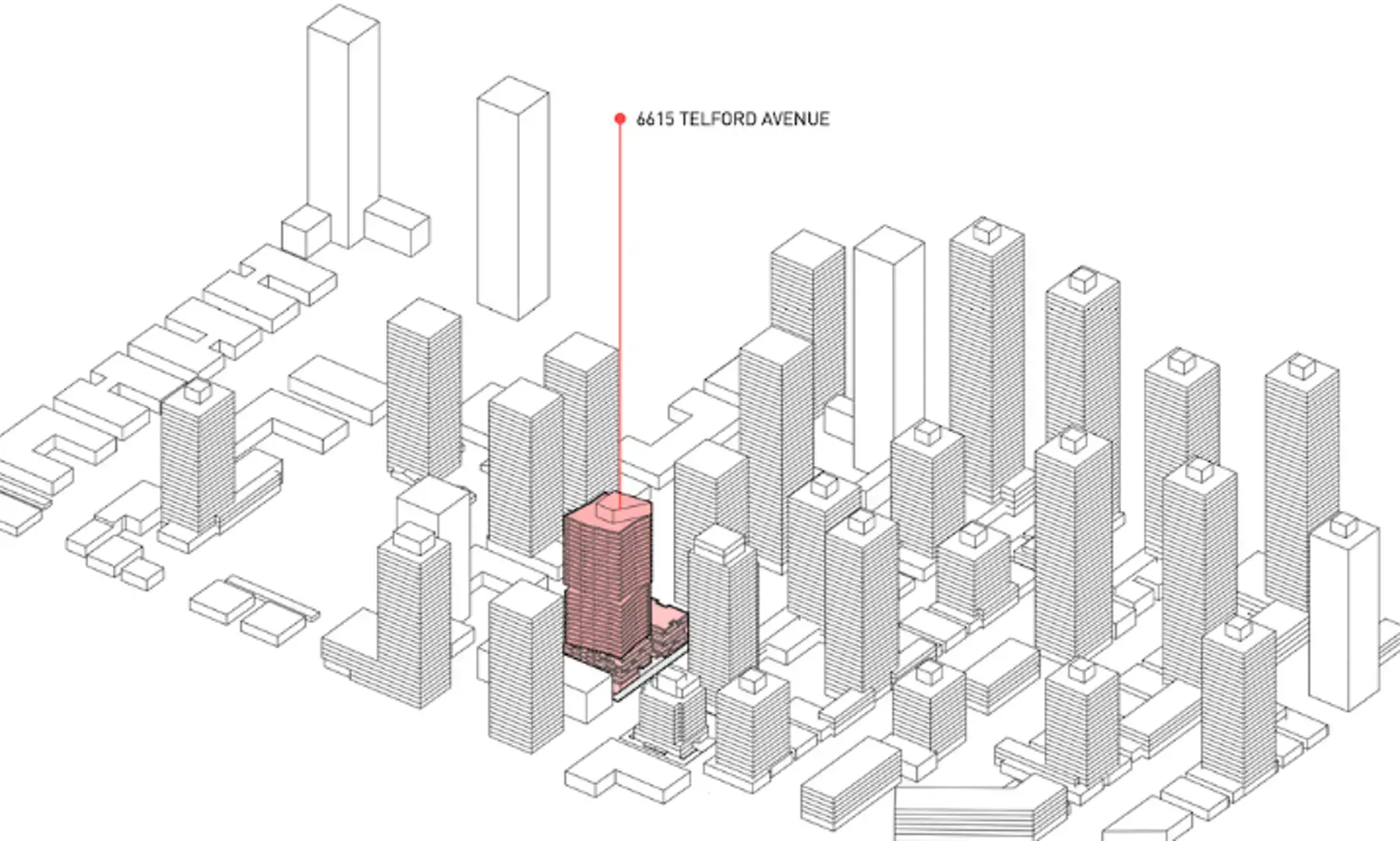 Koi – Line-drawing massing map of the surrounding city blocks with the development at 6615 Telford Avenue highlighted in pink among neighboring towers.