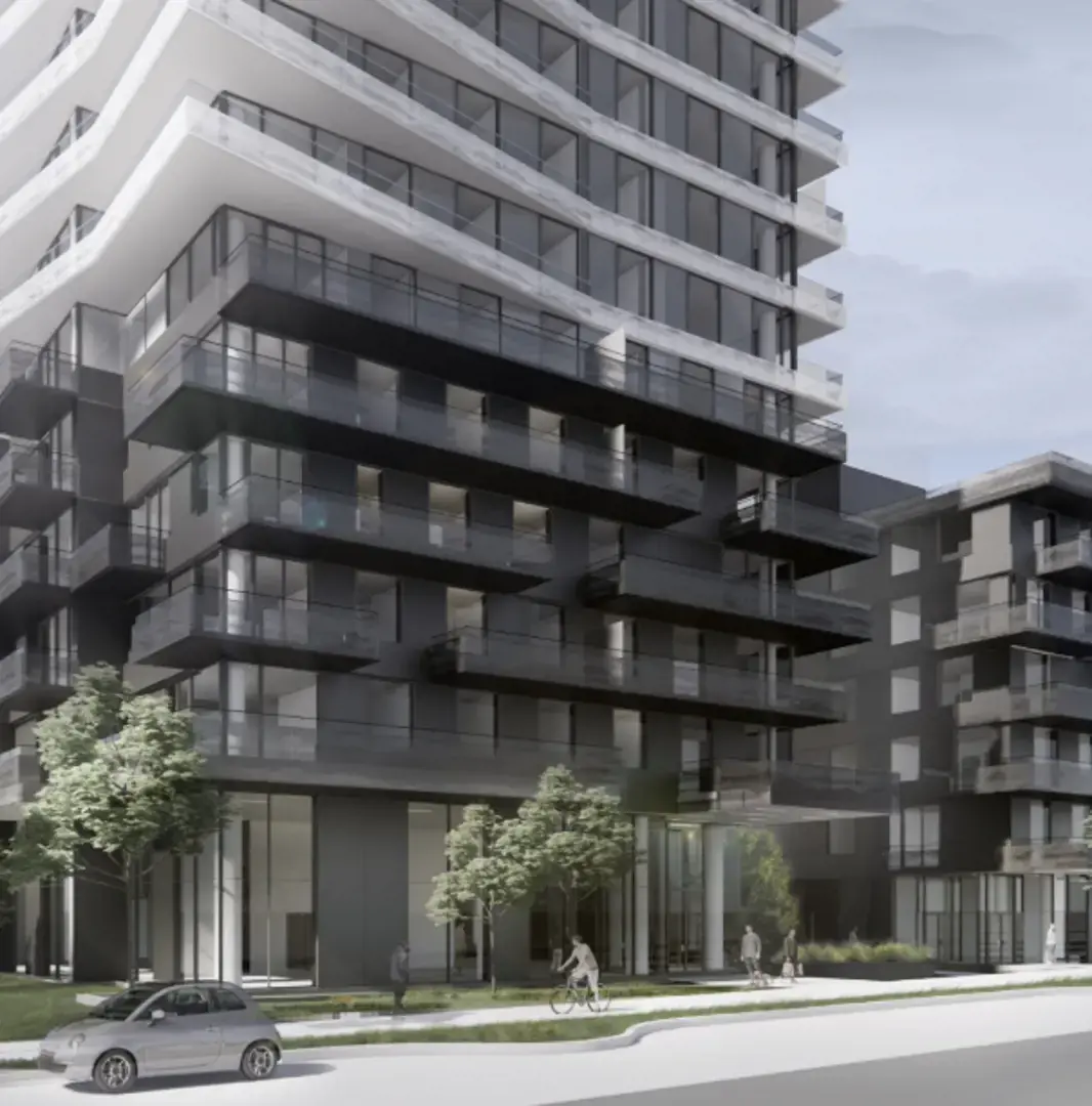 Koi – Street-level rendering of the tower's dark base along a sidewalk with a cyclist, pedestrians, and a car parked at the curb.