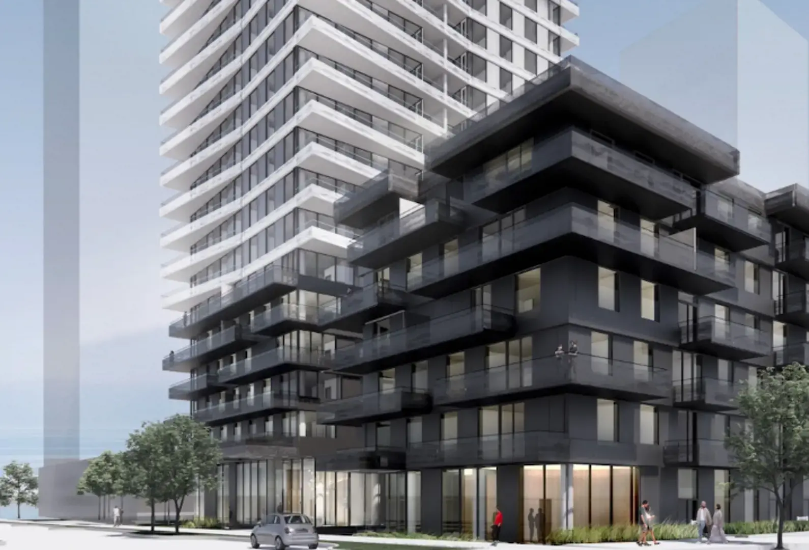 Koi – Close street-level rendering of the tower's dark podium base with glass lobby entrance, a car and pedestrians passing on the sidewalk.