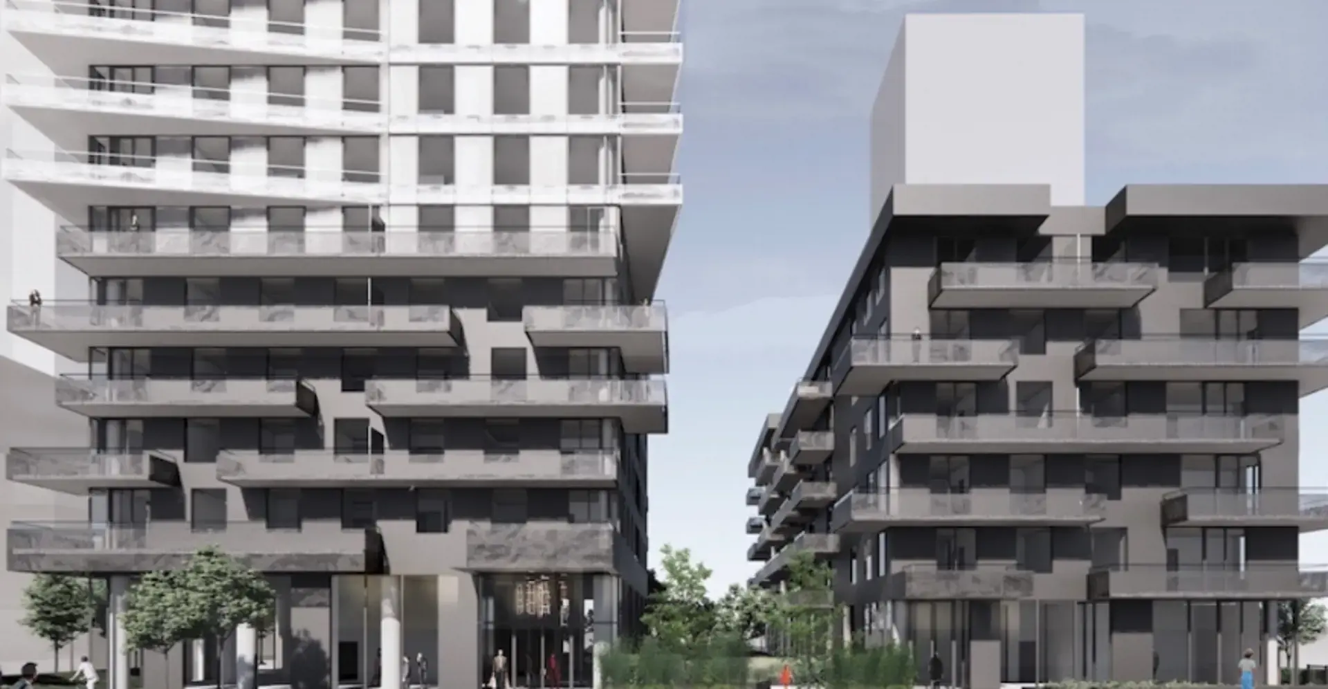 Koi – Rendering of the same two staggered-balcony buildings viewed across a landscaped courtyard walkway lined with trees and pedestrians.