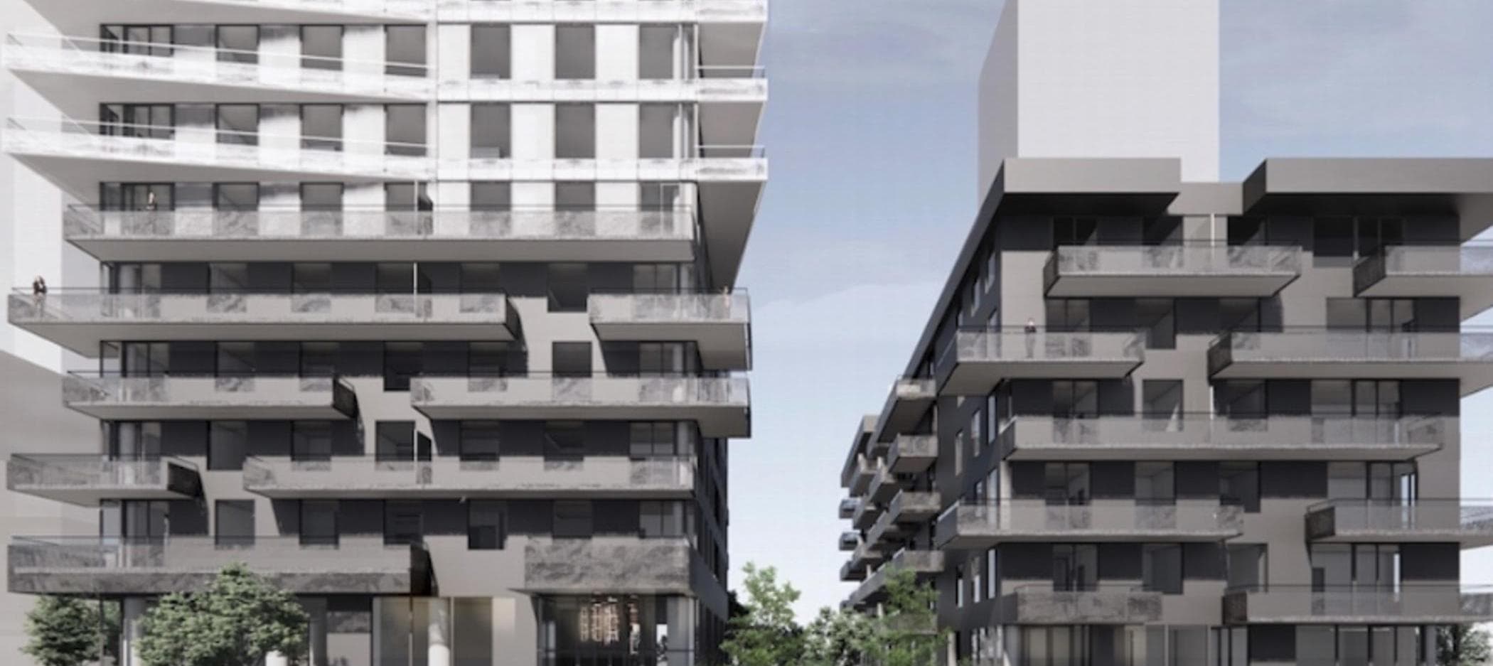 Koi – Street-level rendering of two multi-story residential buildings with staggered balconies, white tower on the left and dark gray building on the right, trees below.