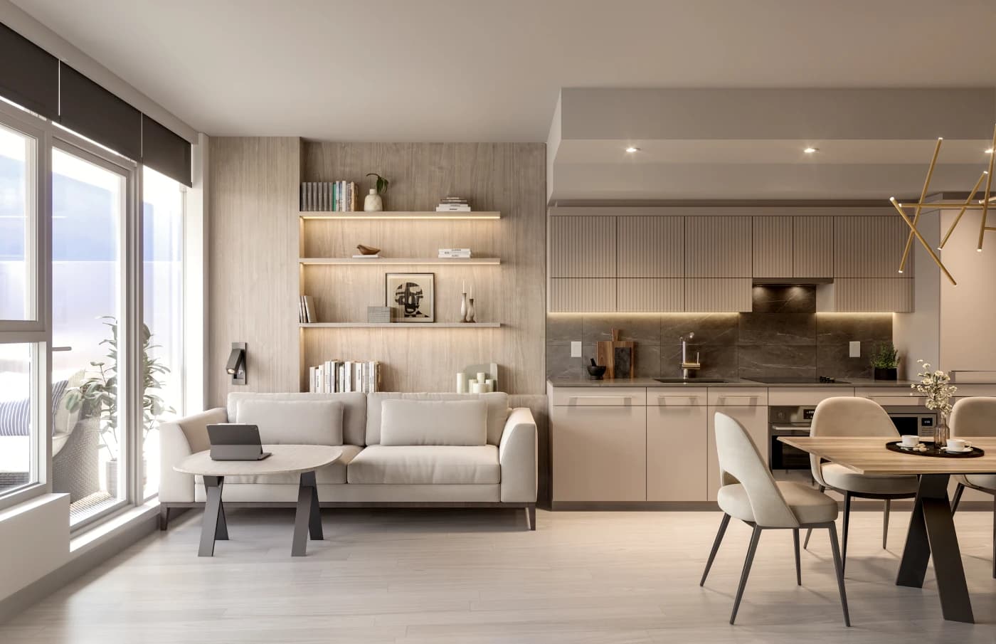 Piano – A contemporary open-concept condo interior featuring light wood accents, an integrated kitchen with fluted cabinetry, and an adjoining living area with an illuminated display wall. Soft natural light streams in from the adjacent balcony window, creating a serene, minimalist atmosphere.