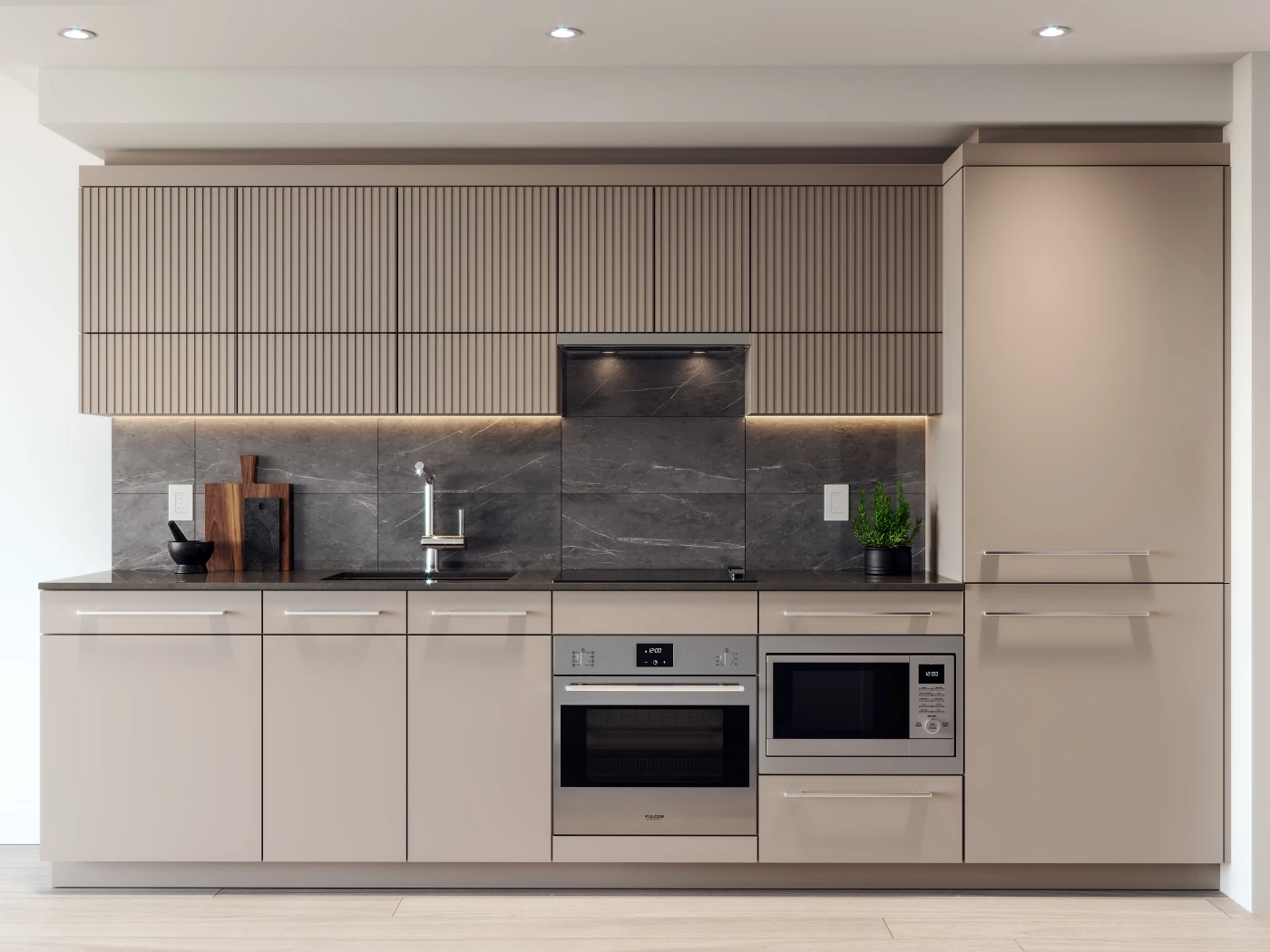 Piano – A modern, linear kitchen featuring fluted upper cabinets, sleek beige lower cabinetry, and integrated stainless steel appliances including a built-in oven and microwave. The space is highlighted by a dark grey marble-style backsplash with under-cabinet lighting and minimalist finishes.