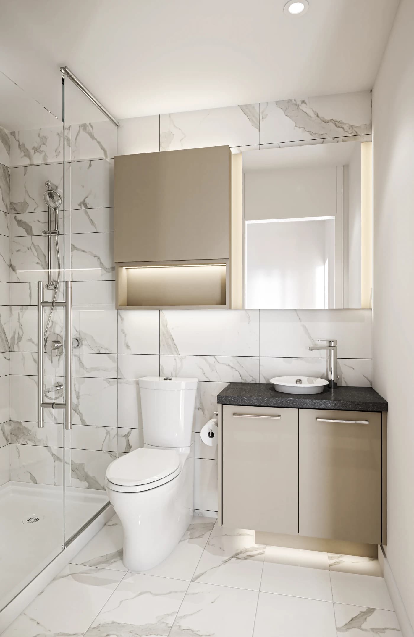 Piano – A modern bathroom interior featuring white marble-style tiled walls and floors, a glass-enclosed walk-in shower with chrome fixtures, and a white toilet. A floating beige vanity with a dark countertop and vessel sink sits beneath an illuminated mirror and integrated medicine cabinet.