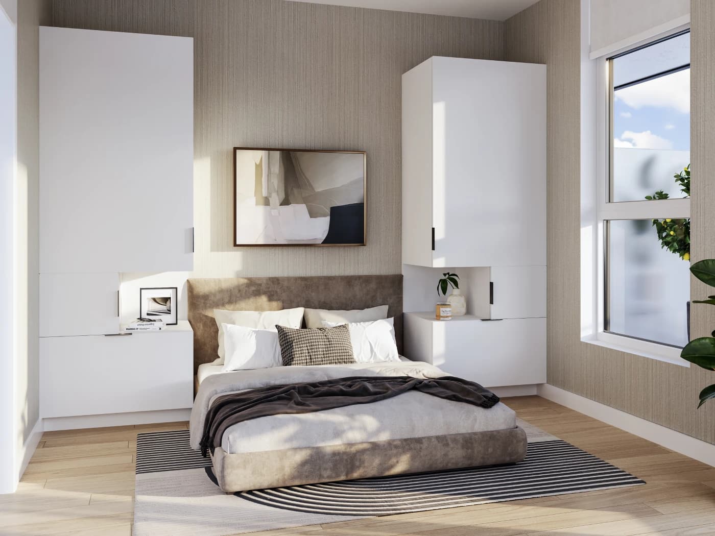 Piano – A modern, sunlit bedroom featuring a low-profile upholstered bed flanked by tall, custom white storage cabinets with integrated nightstand niches. Textured beige wallpaper, light hardwood floors, an abstract painting, and a large window creating leafy shadows complete the serene atmosphere.