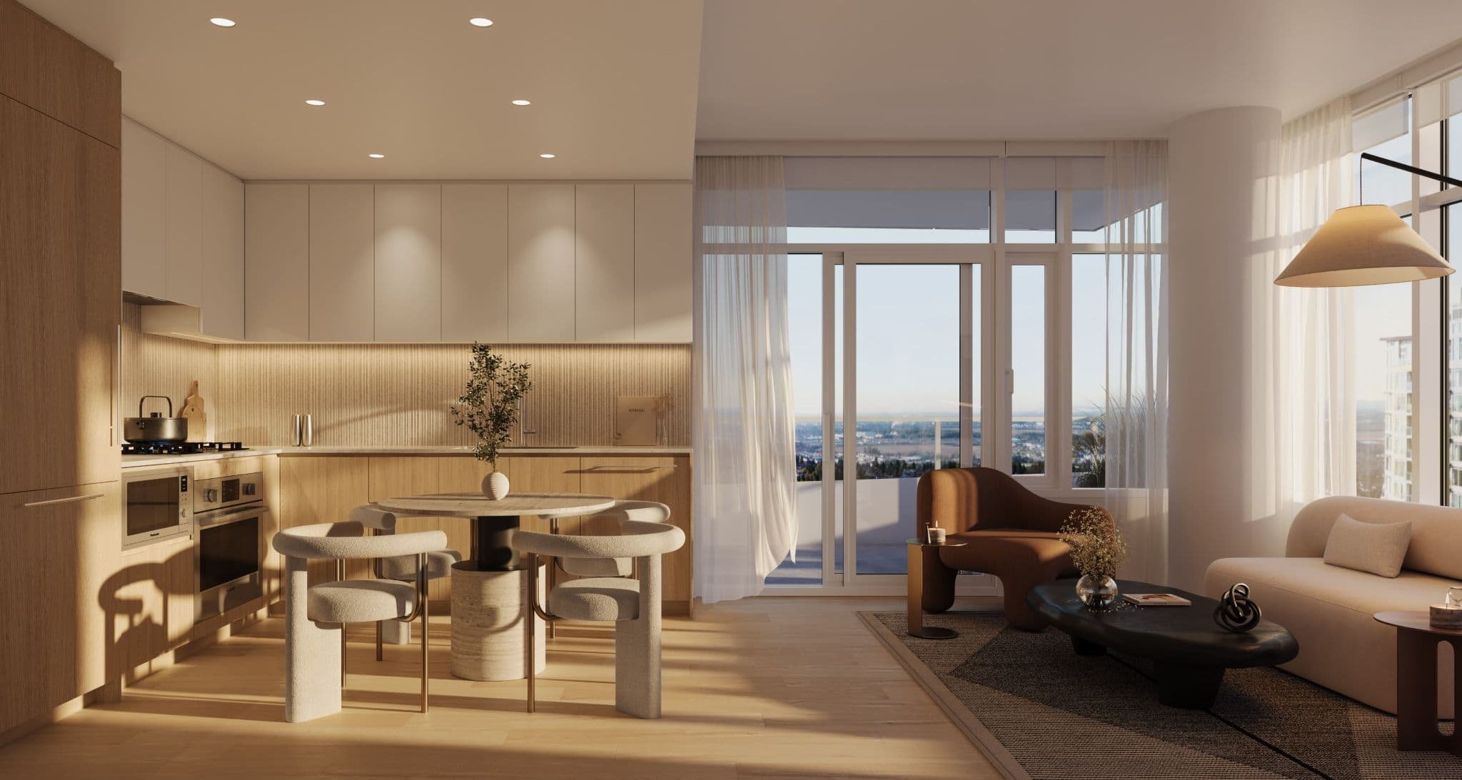 Ethos – A modern open-concept kitchen and living area bathed in warm late-afternoon sunlight, featuring flat-panel wood and white cabinetry with under-cabinet lighting alongside a round dining table. Large floor-to-ceiling glass sliding doors open to a balcony with sheer white curtains floating in the breeze, revealing expansive city views beyond.
