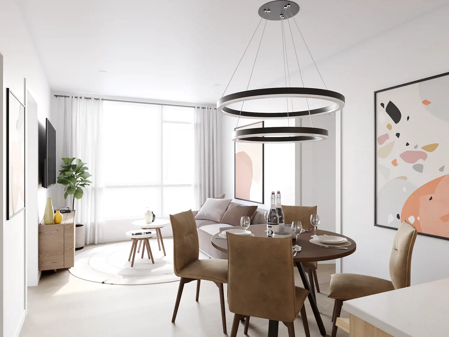 Lavender Gardens Condos – Living and dining area rendering with a round dining table set for a meal, tan upholstered chairs, a grey sofa, and modern ring pendant lighting.