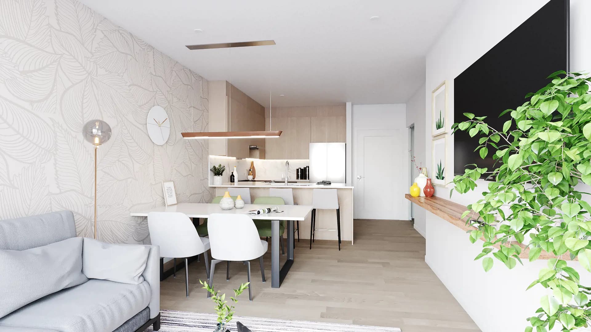 Lavender Gardens Condos – Open-concept dining area and kitchen rendering with a white table, green and white chairs, wood cabinetry, and a hallway leading past a wall-mounted TV and framed plants.
