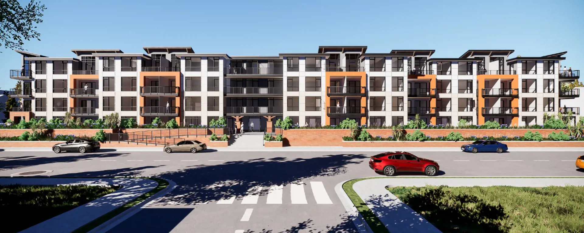 Lavender Gardens Condos – Street-level rendering of a long low-rise condo building with white, grey, and orange panel accents, balconies, brick garden walls, and cars parked along the street.