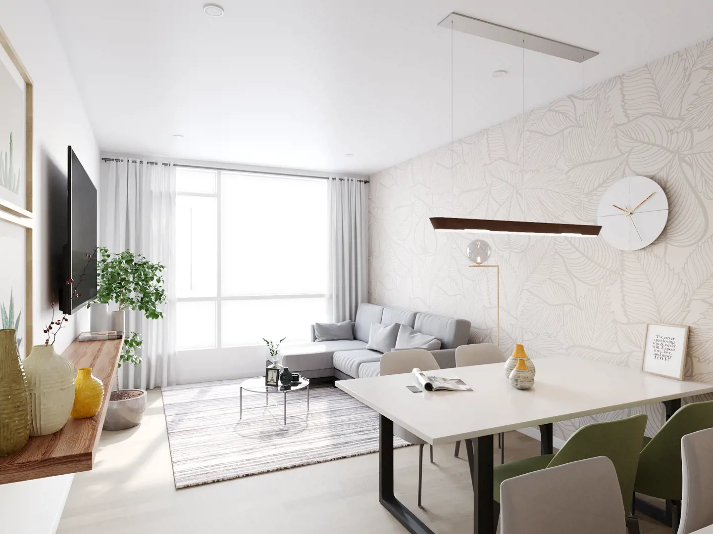 Lavender Gardens Condos – Living room rendering with a grey sectional sofa, patterned wallpaper accent wall, wall clock, and a white dining table with green and beige chairs.