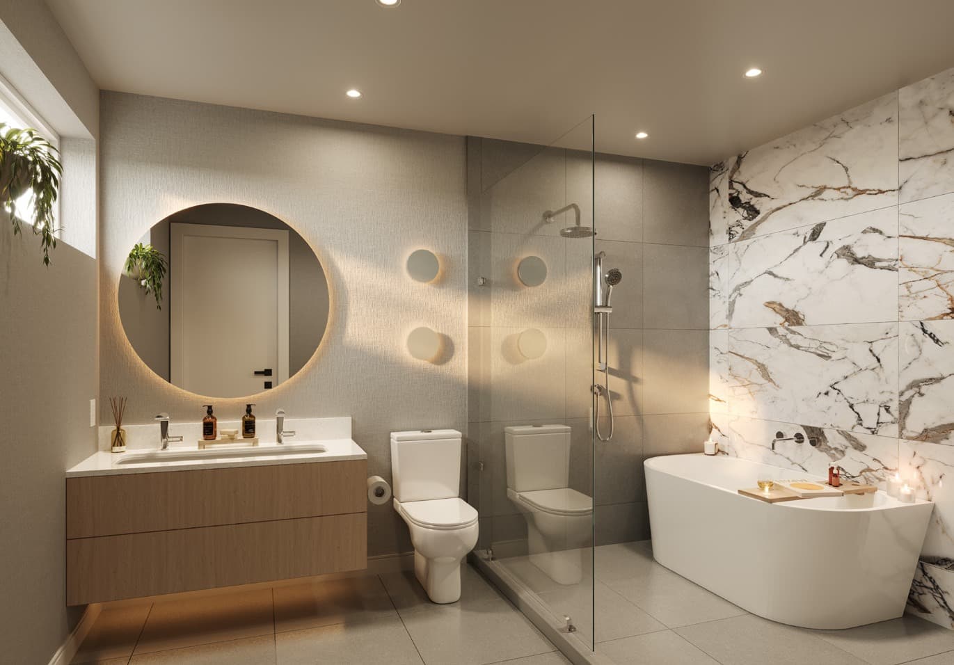 Katsura – A modern, spa-like bathroom featuring a floating wood vanity with an illuminated round mirror, a glass-enclosed shower, and a freestanding soaking tub set against a dramatic white and grey marble accent wall. Warm recessed and sconce lighting complements soft natural daylight, creating a clean, serene, and luxurious atmosphere.