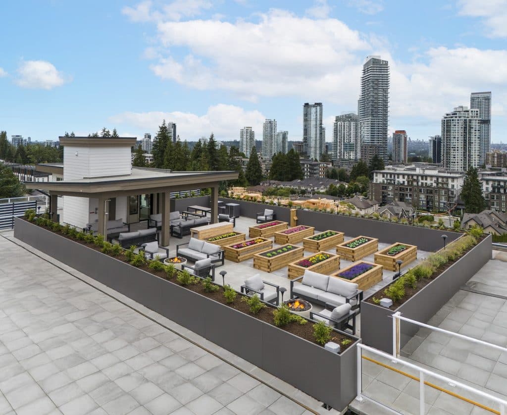 Sol – A bright rooftop terrace features raised wooden garden beds, multiple modern lounge seating areas with fire tables, and a covered patio space. In the background, lush green trees transition into a dense city skyline of high-rise towers under a partly cloudy daytime sky.