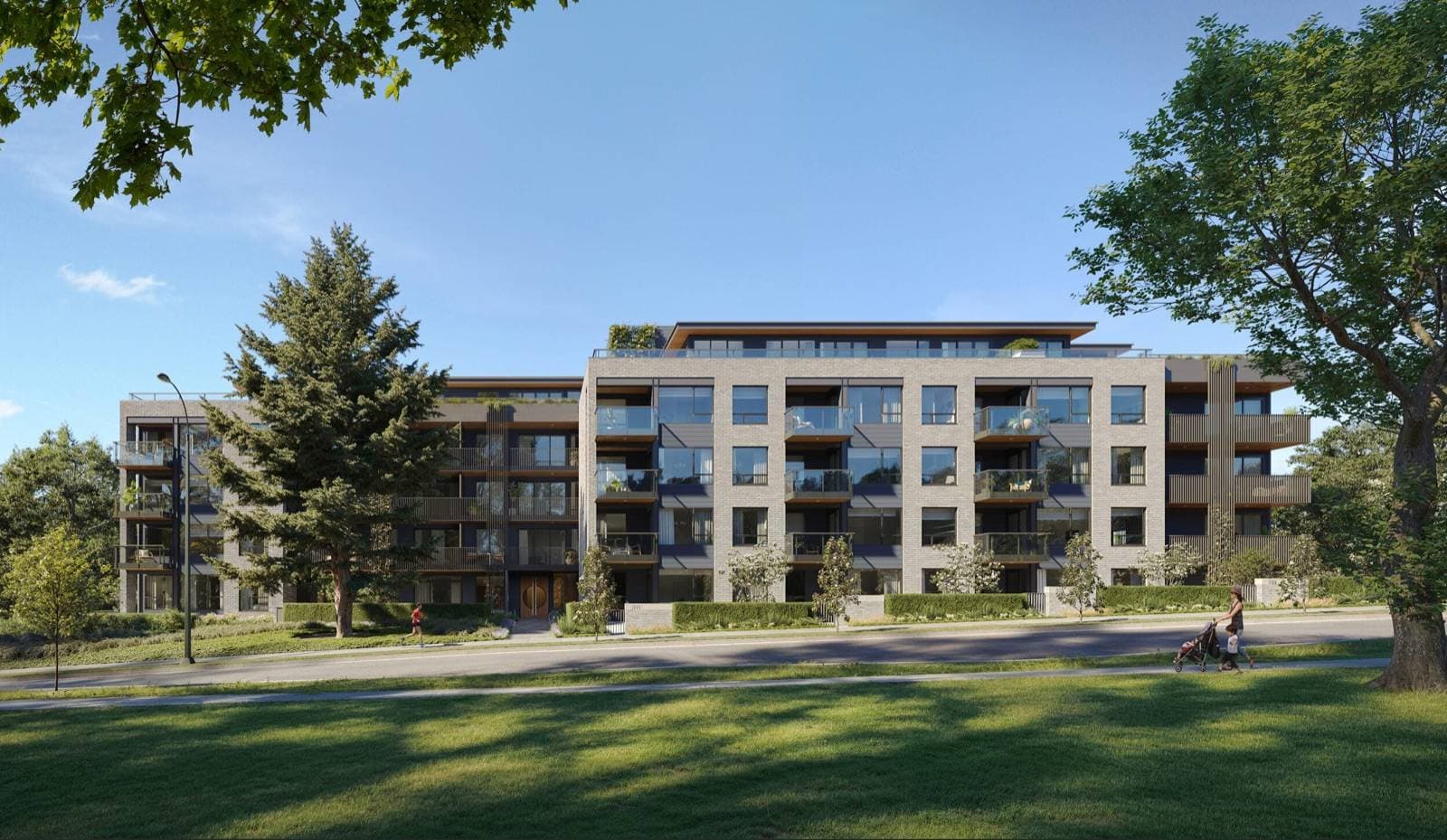 Rhodes – Wide street-level rendering of the grey-brick five-storey building across a lawn and tree-lined street, balconies planted with greenery under a blue sky.