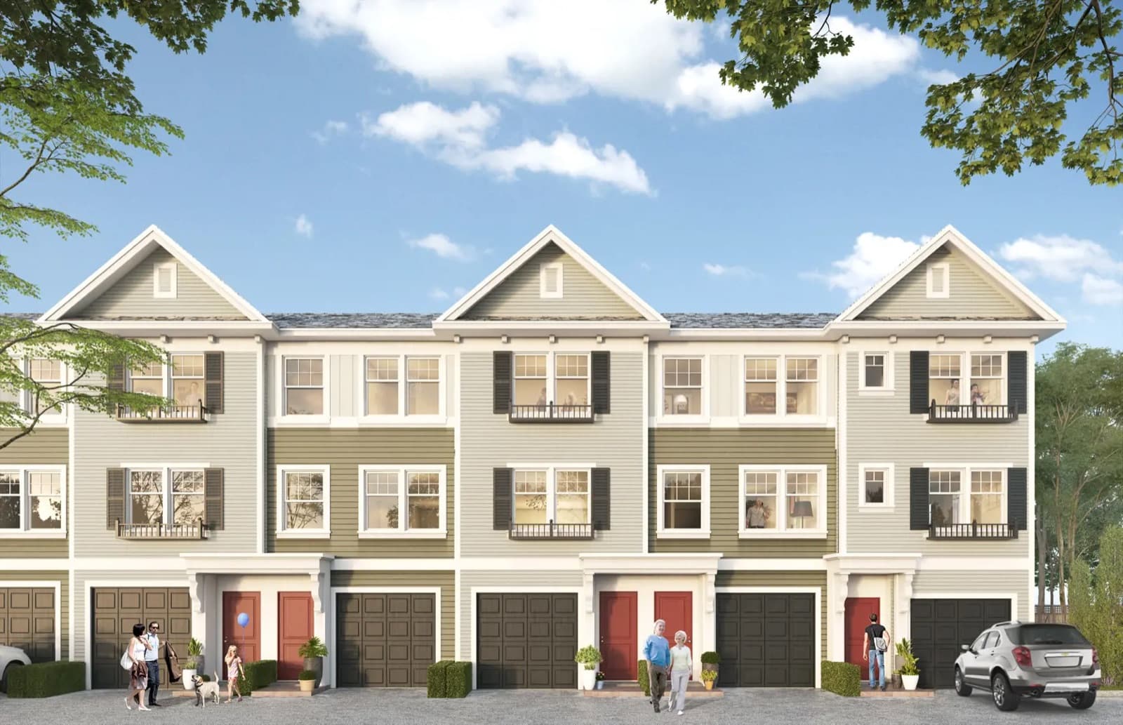Allwood Place – Street-level view of a row of three-storey townhomes with olive and cream siding, red front doors, and residents with a dog walking on the sidewalk.