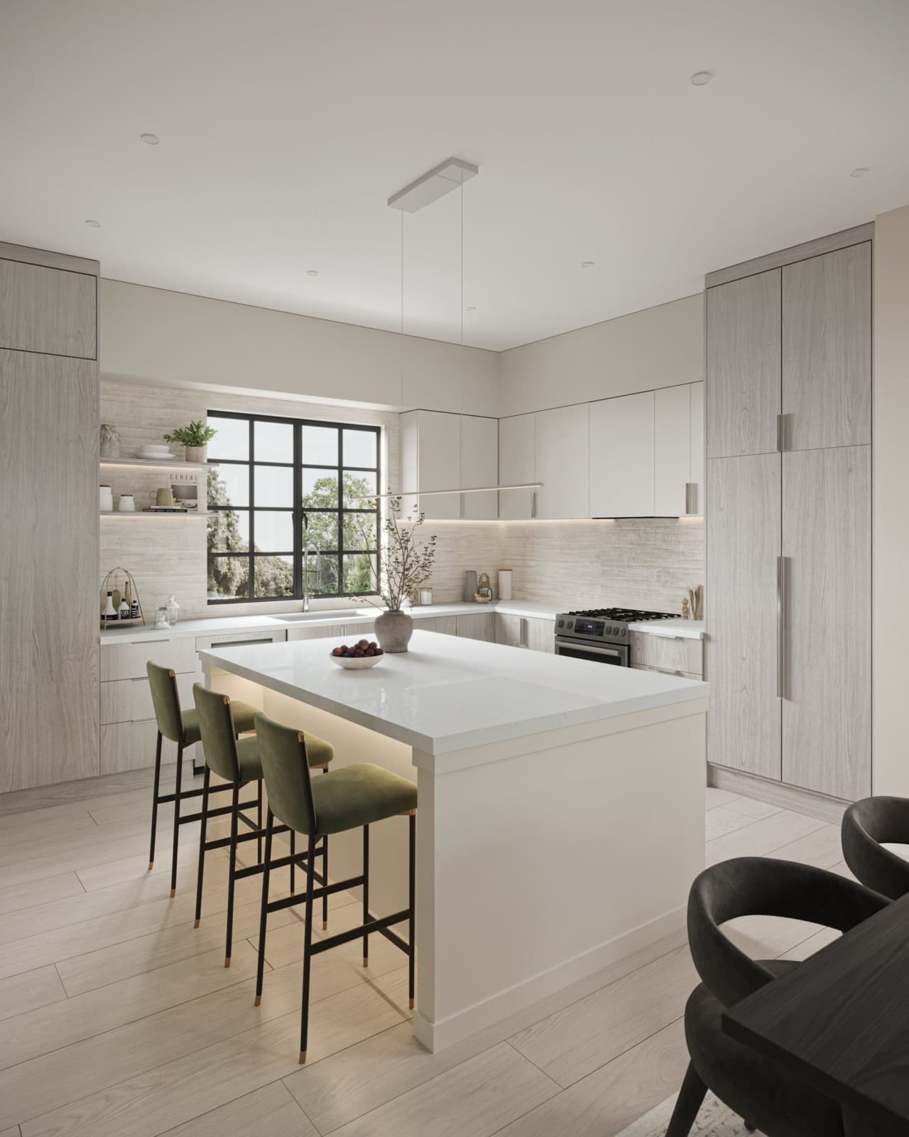 Bromley Brookswood – Kitchen rendering with light wood cabinetry, white quartz island with green barstools, gas range, and a large black-framed window over the sink.