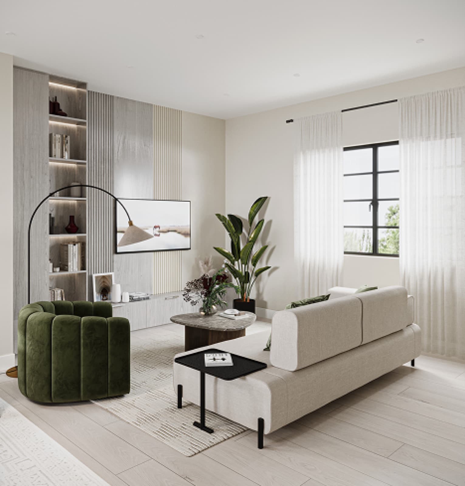 Bromley Brookswood – Living room rendering with a beige sectional sofa, dark coffee table, wall-mounted TV, built-in shelving, and a green curved accent chair.