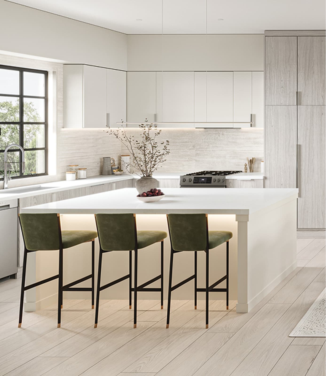 Bromley Brookswood – Another angle of the same light wood kitchen with white island, green barstools, gas range, and stone backsplash.