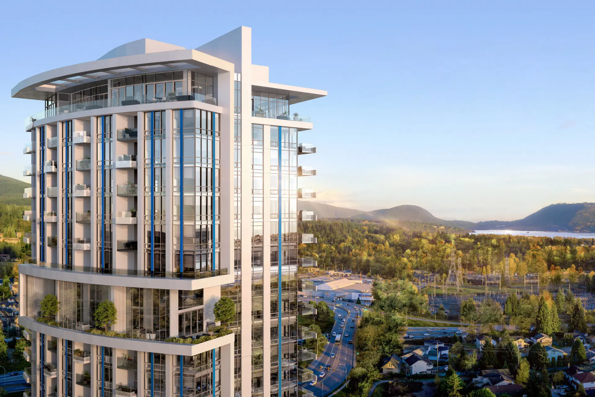 Apex Condos – Elevated rendering of a curved glass high-rise condo tower with blue accent mullions and wraparound balconies, overlooking forested hills and a distant lake.