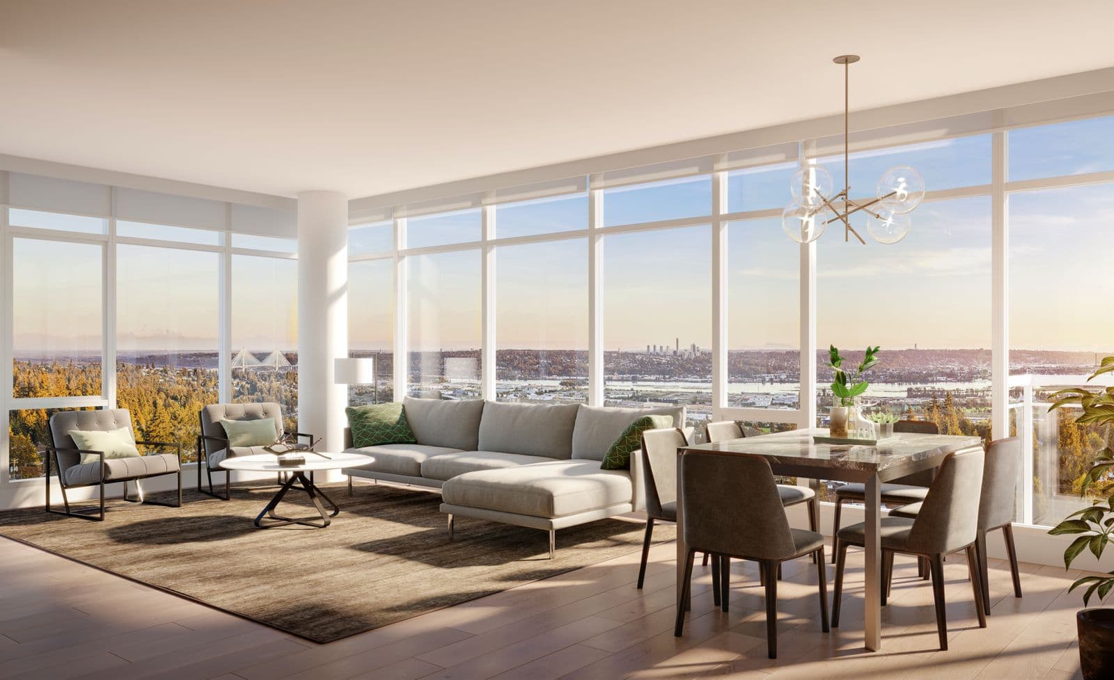 The Heights on Austin – Living and dining area with floor-to-ceiling windows, a sectional sofa, and a dining table for eight overlooking a river and city skyline.