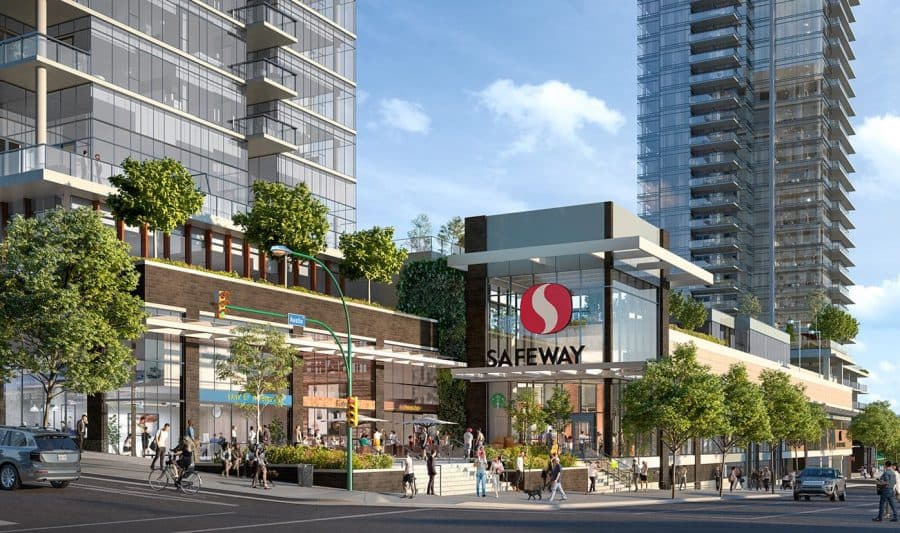 The Heights on Austin – Street-level rendering of the ground-floor retail podium between the towers, featuring a Safeway storefront and pedestrians on the sidewalk.