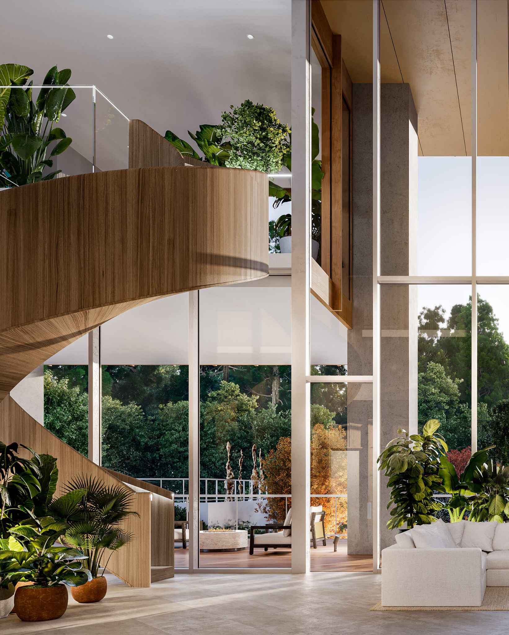 Ironwood – A double-height lobby lounge with a curved wood spiral staircase, large potted plants, and glass doors opening to an outdoor lounge with a fire pit.