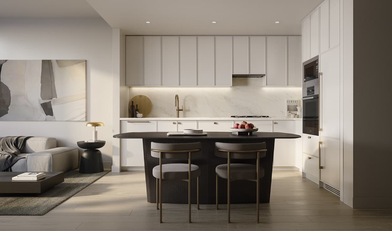 Reign Metrotown – Kitchen with white cabinetry, marble backsplash, dark wood island with bar stools, and built-in ovens.