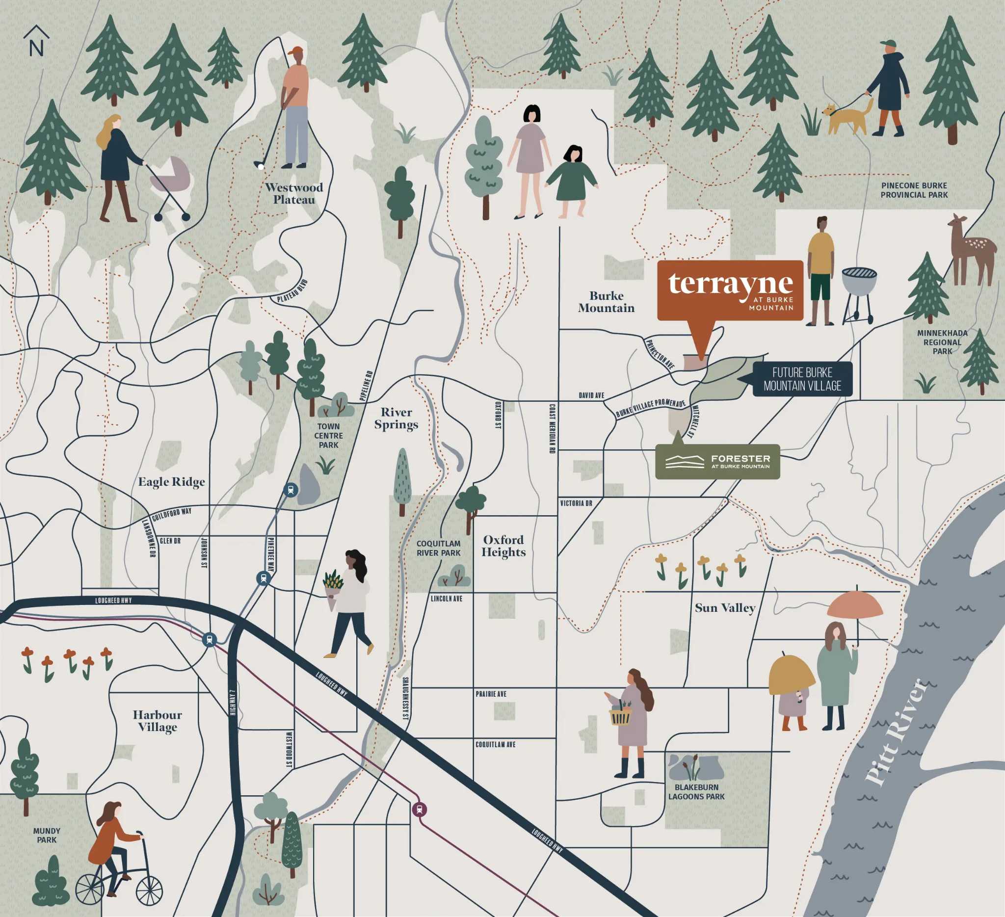 Terrayne Towns – An illustrated area map featuring stylized streets, parks, rivers, pine trees, and simplified human figures engaged in various outdoor activities. The map highlights the Terrayne development pin along with nearby landmarks, parks, and major roadways in muted, natural tones.
