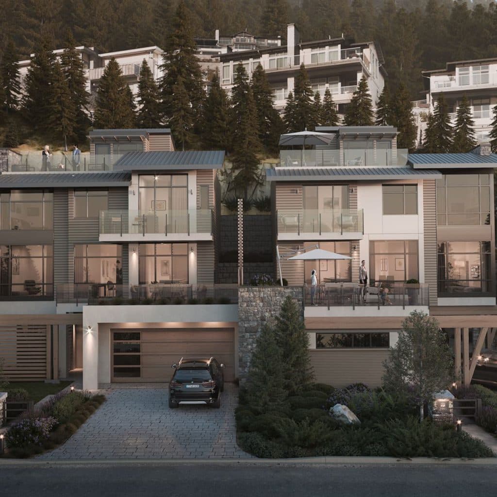 The Peak at Mulgrave Park – Twilight rendering of a modern hillside townhome complex with wood-and-stone facades, rooftop terraces, and a garage driveway, set among tall evergreen trees.