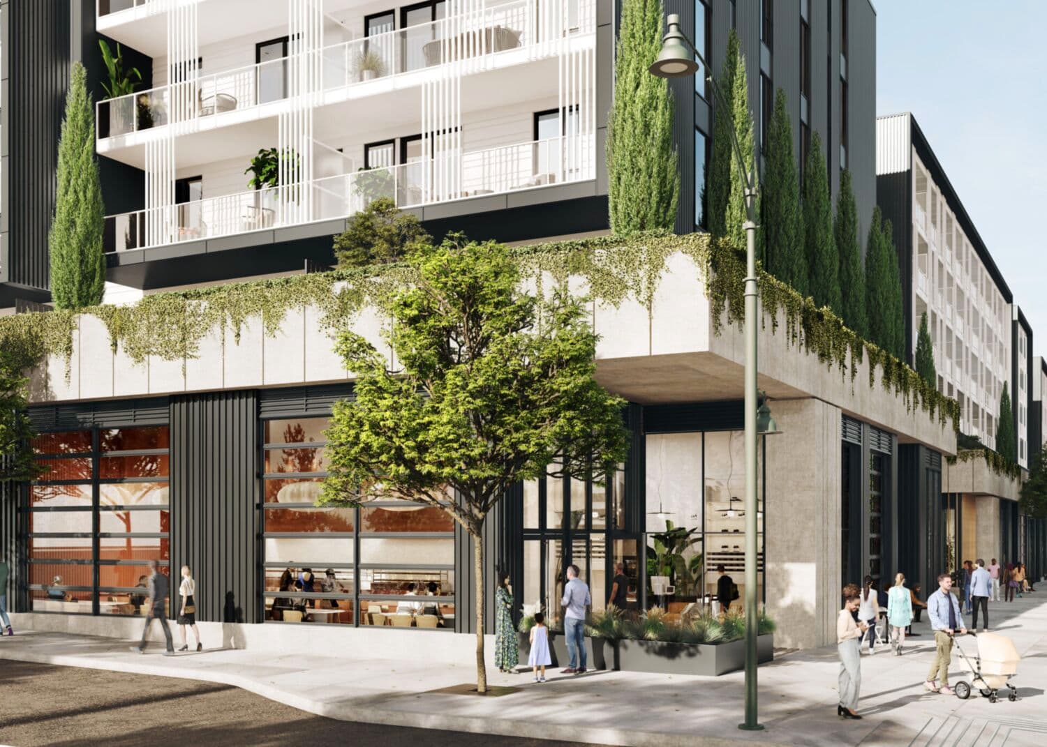 Moody Yards – A street-level rendering of the building's ground-floor retail plaza with a cafe, storefronts, greenery draping from the building's overhang, and pedestrians on the sidewalk.
