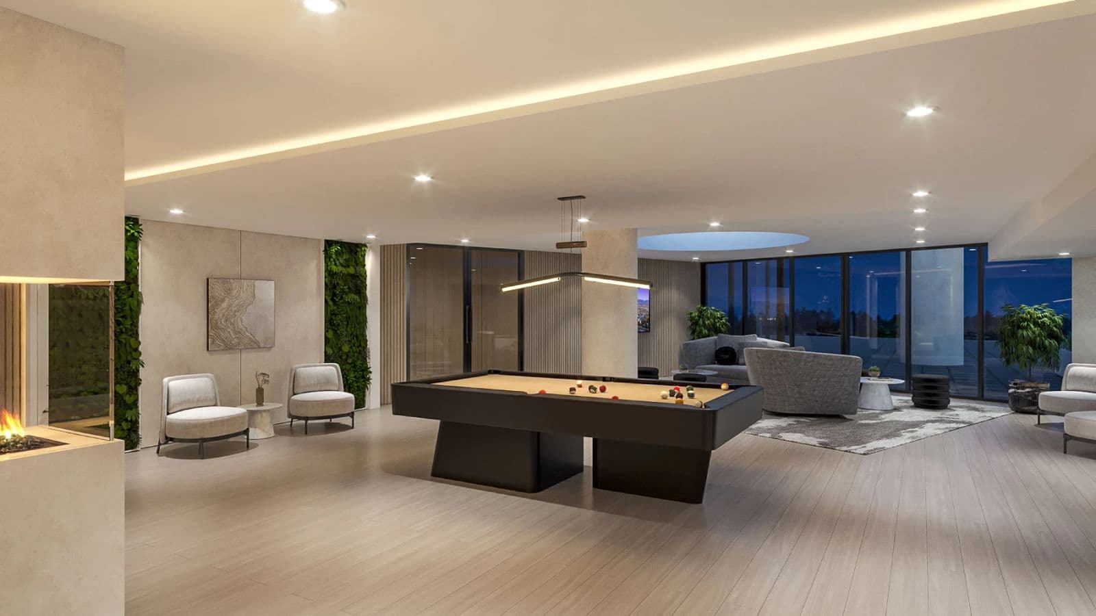Circle at Concord Brentwood – Rendering of a resident lounge with a billiards table, fireplace, lounge seating, and a living wall, opening to an outdoor terrace at night.