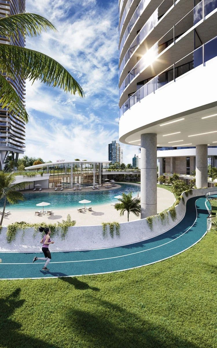 Circle at Concord Brentwood – Rendering of an elevated jogging track wrapping around a pool deck with palm trees, with a person running past a residential tower.