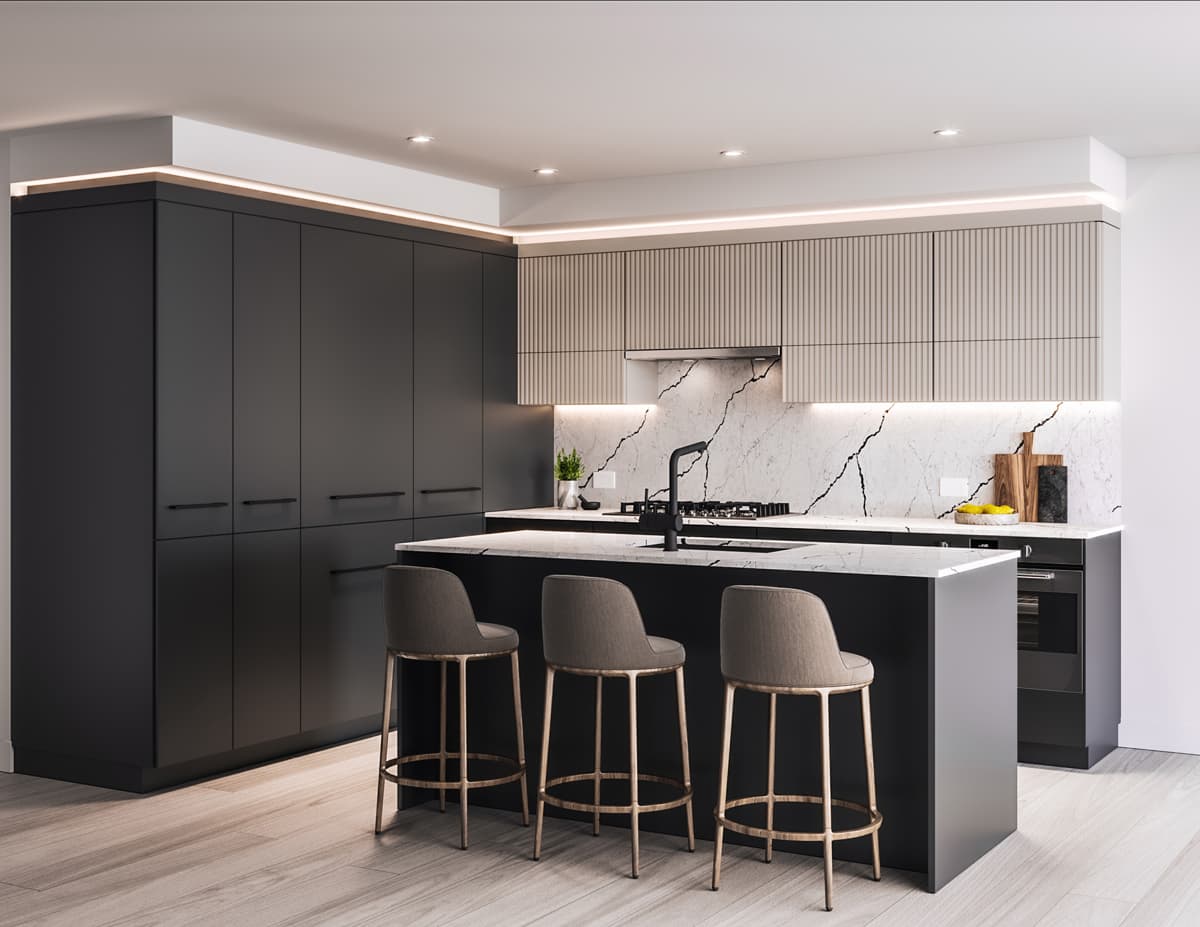 Circle at Concord Brentwood – Kitchen with dark charcoal cabinetry, a white marble backsplash and island, and three grey barstools.