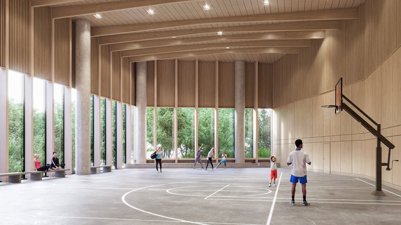 Circle at Concord Brentwood – Rendering of an indoor basketball court with wood-slat walls, floor-to-ceiling windows, and people playing and stretching.