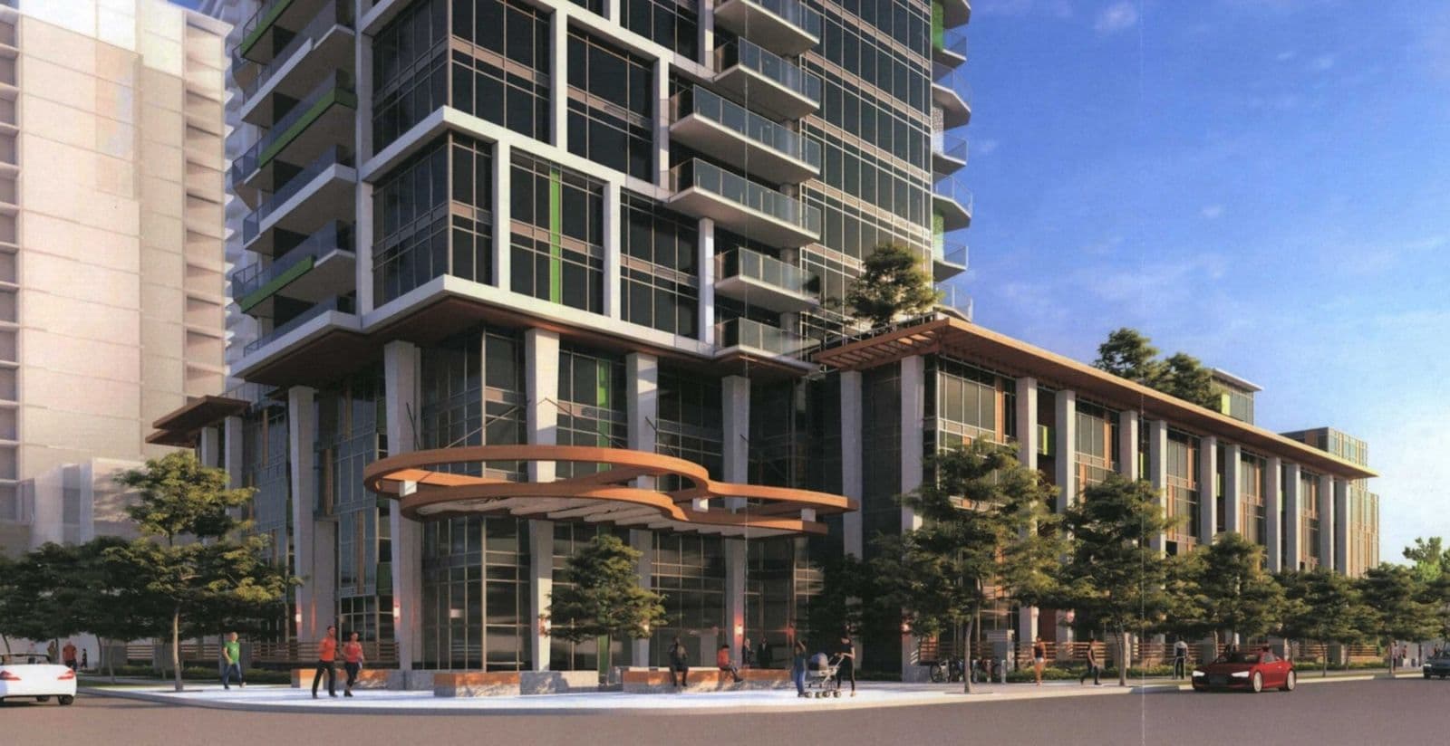 Sophora at the Park – Street-level view of the tower's angled glass base with a sculptural wood canopy over the entrance, pedestrians and a stroller passing by.