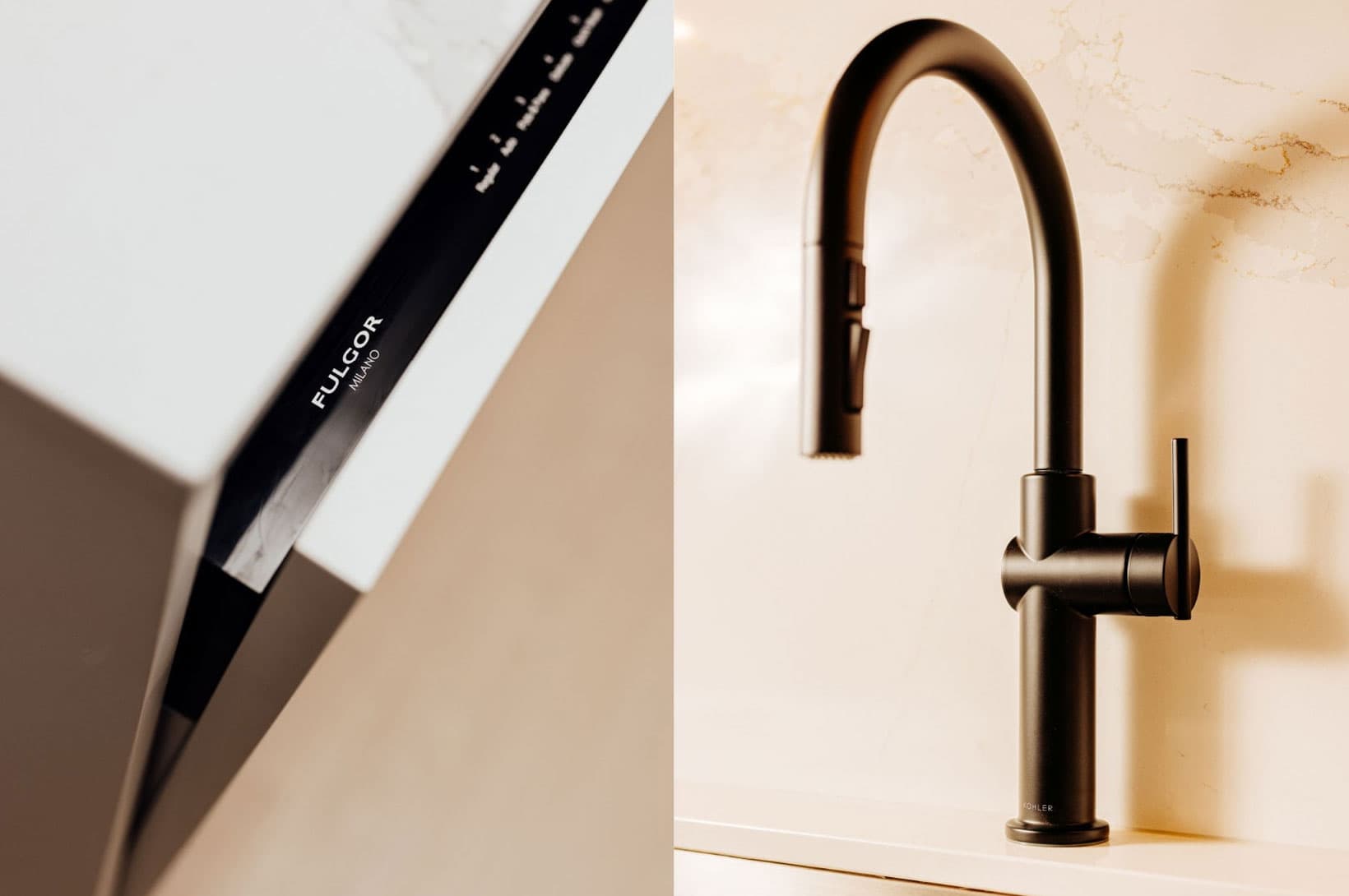Umbra at Portwood – Close-up detail of high-end kitchen fixtures showing a matte black faucet and Fulgor Milano appliance controls.