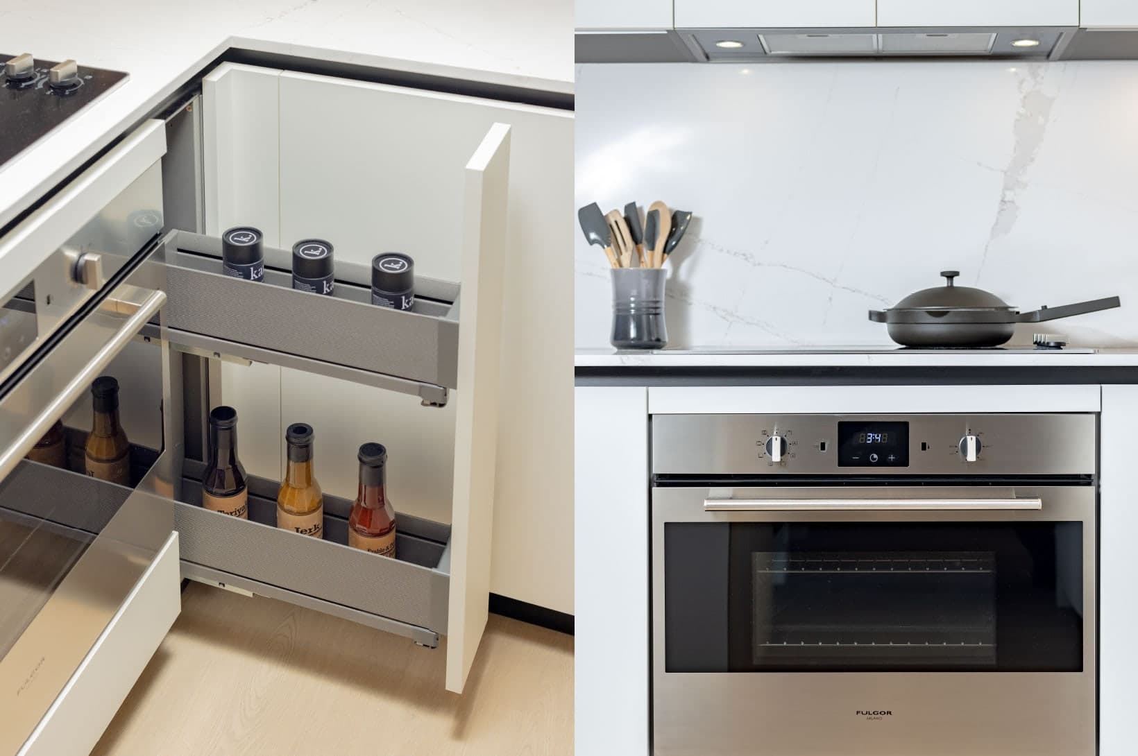 Umbra at Portwood – Detailed interior shot showing custom kitchen storage, including a pull-out spice rack next to an oven.