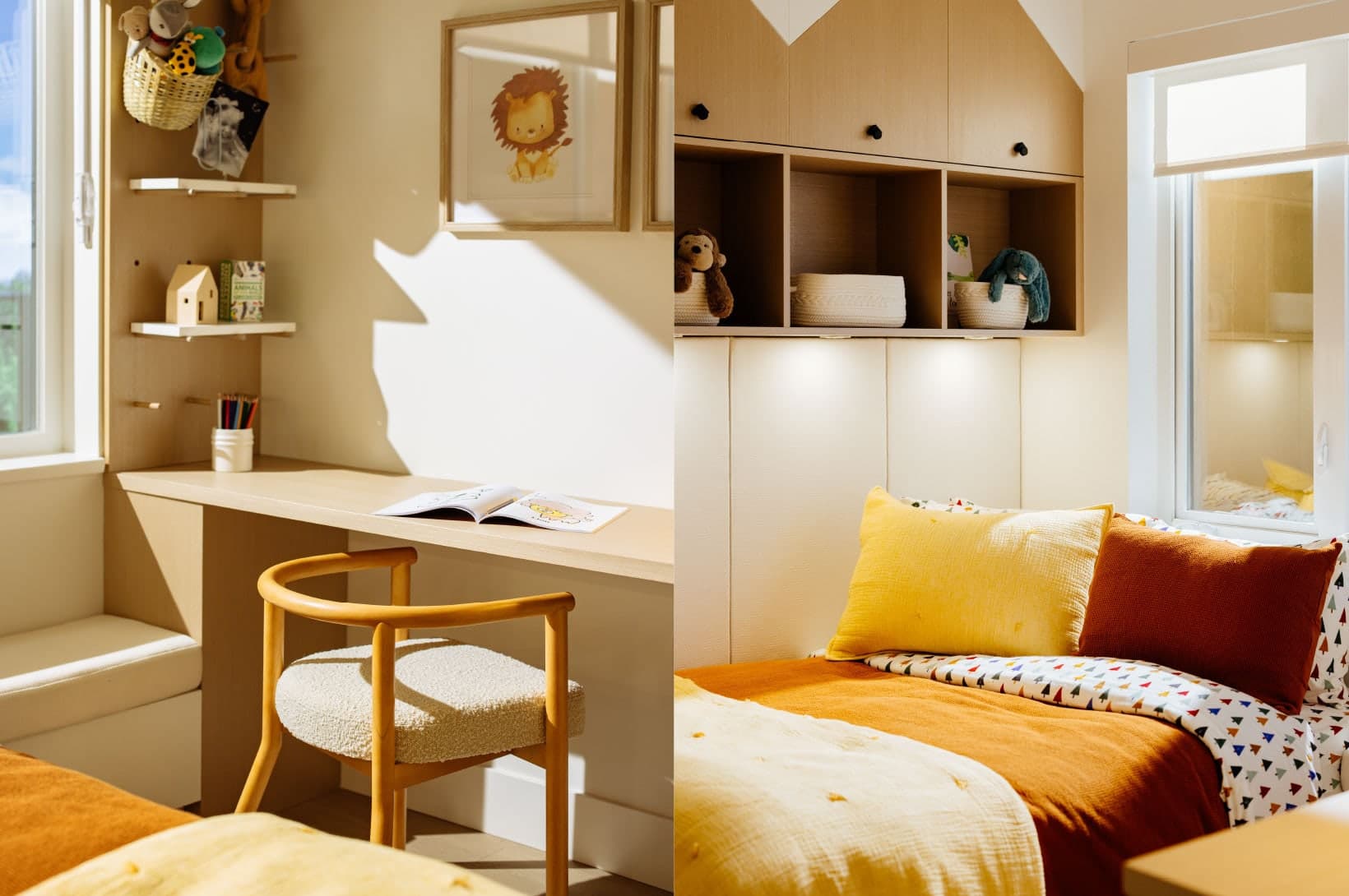Umbra at Portwood – A cozy children's bedroom featuring a built-in study desk, warm wood wall shelving, and a single bed with colorful bedding.