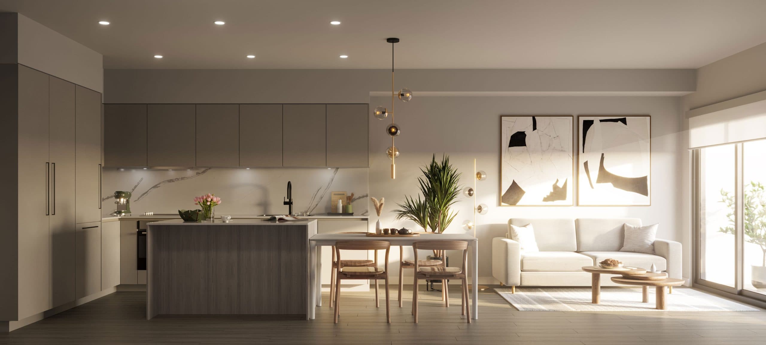 Umbra at Portwood – An open-concept kitchen and living space featuring a central island, modern pendant lighting, dining area, and adjacent living room with sofa.