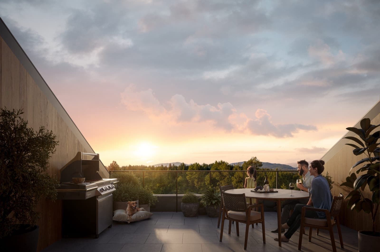Umbra at Portwood – Private rooftop patio deck equipped with a BBQ grill and dining table overlooking forested hills at sunset.